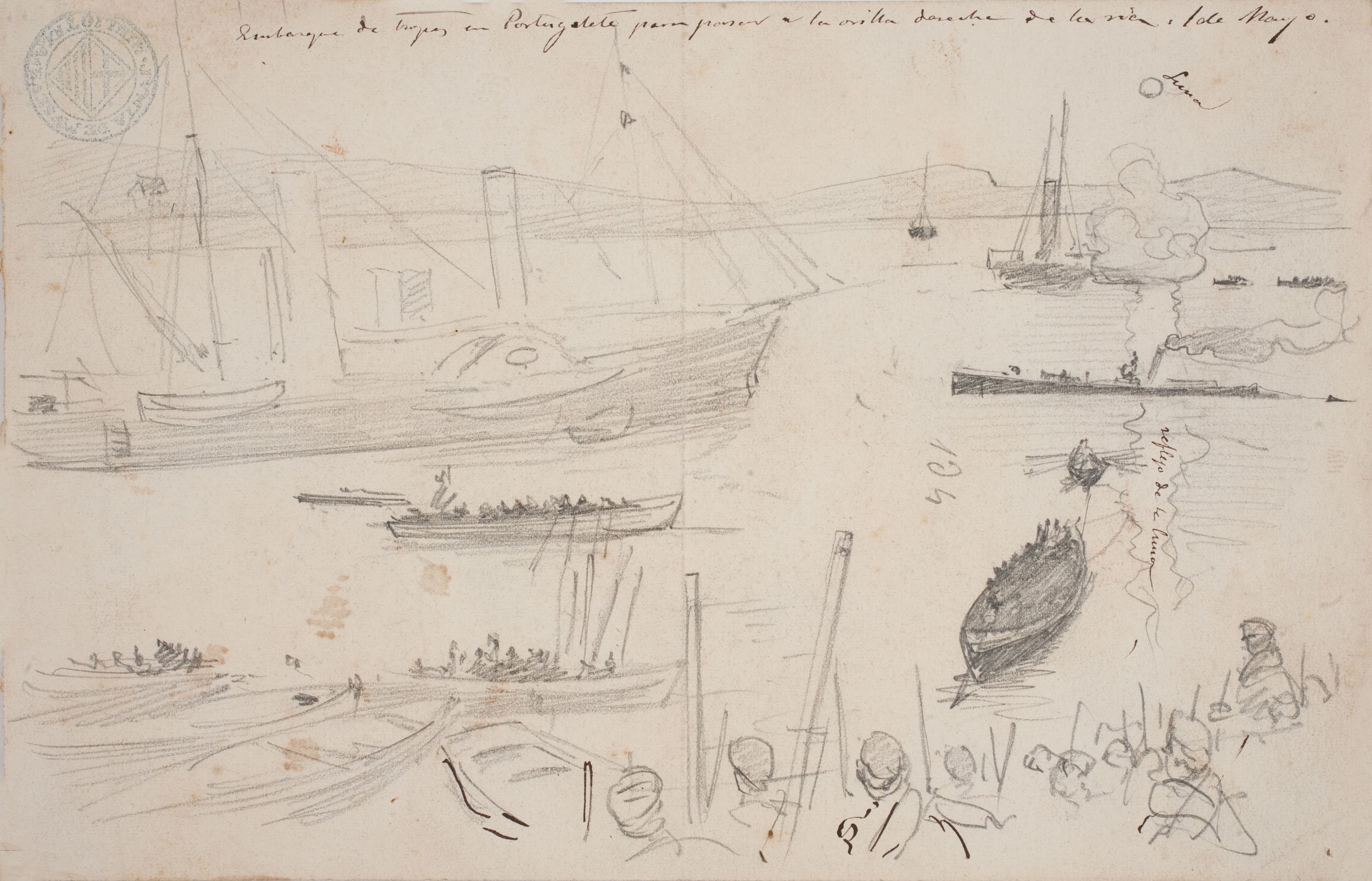 image for: Josep Lluís Pellicer - Estudi de soldats (anvers) / Embarque de tropas en Portugalete (revers) - Cap a 1872-1876 [1]