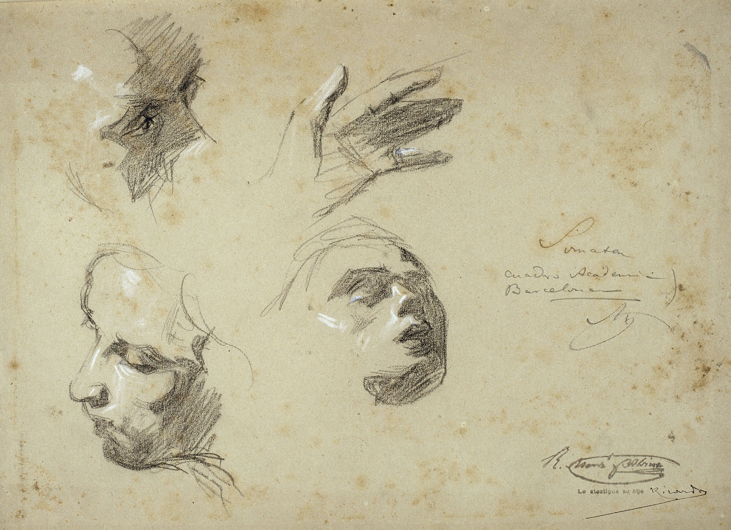 image for: Ramon Martí i Alsina - Estudi de tres caps i una mà per al quadre «El Sometent del Bruc» - Cap a 1866