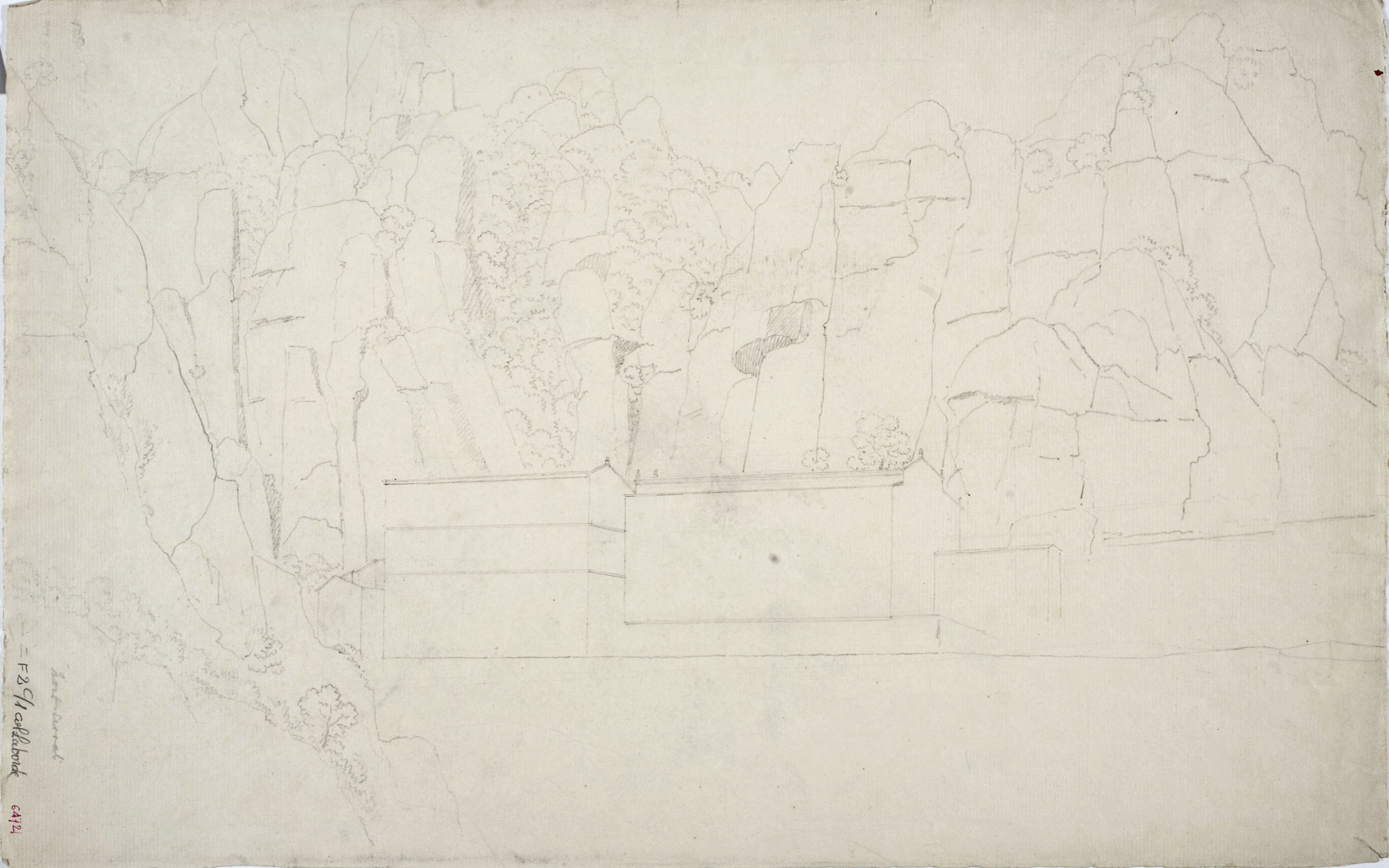 image for: Alexandre de Laborde - Ermita de Sant Jaume (anvers) / Croquis amb una vista del monestir de Montserrat (revers) - Cap a 1801-1803 [1]