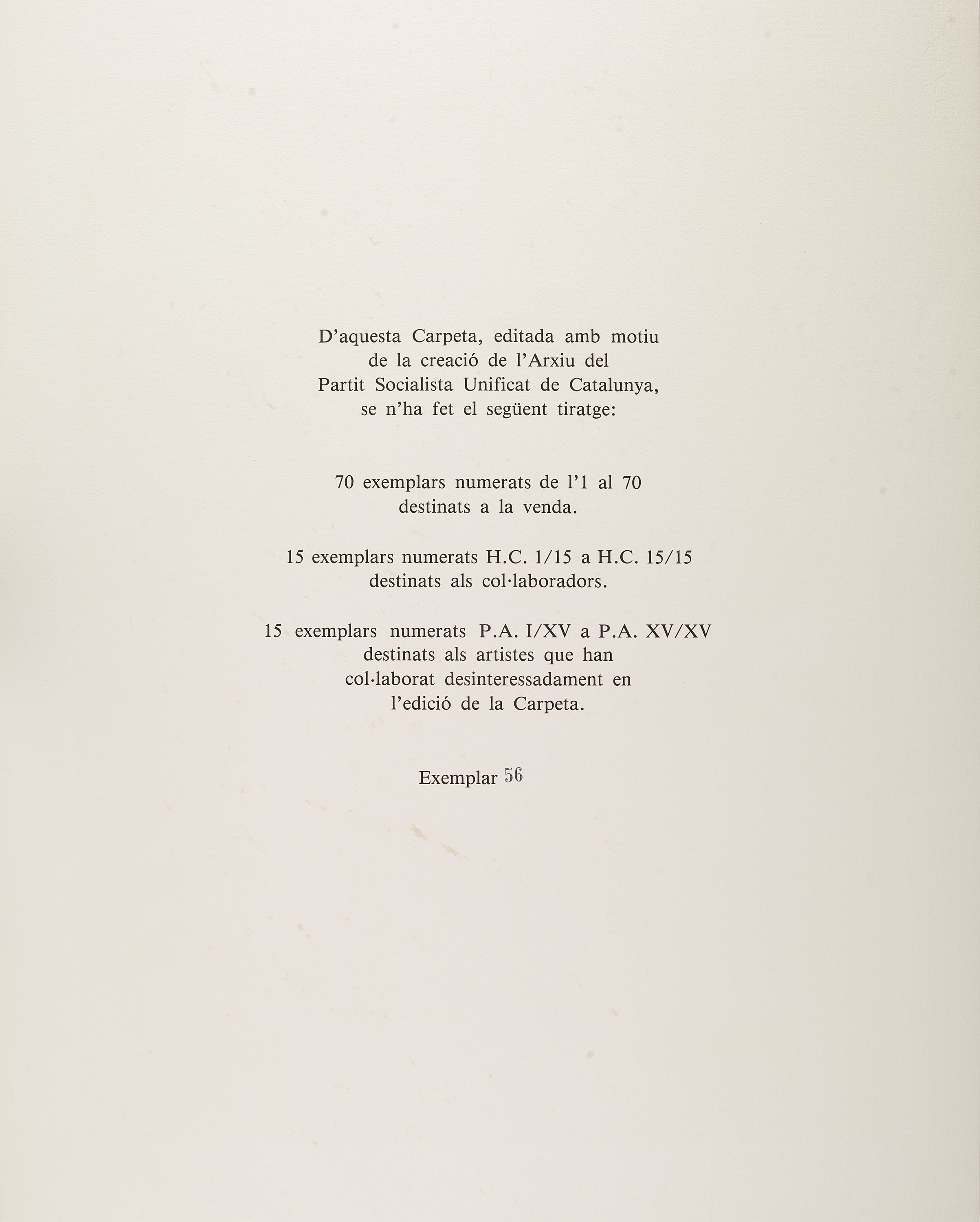 image for: Antoni Tàpies - Manuscrit, plana amb les característiques del tiratge i set gravats editats amb motiu de la fundació de l'Arxiu del Partit Socialista Unificat de Catalunya (PSUC) - 1979 [1]