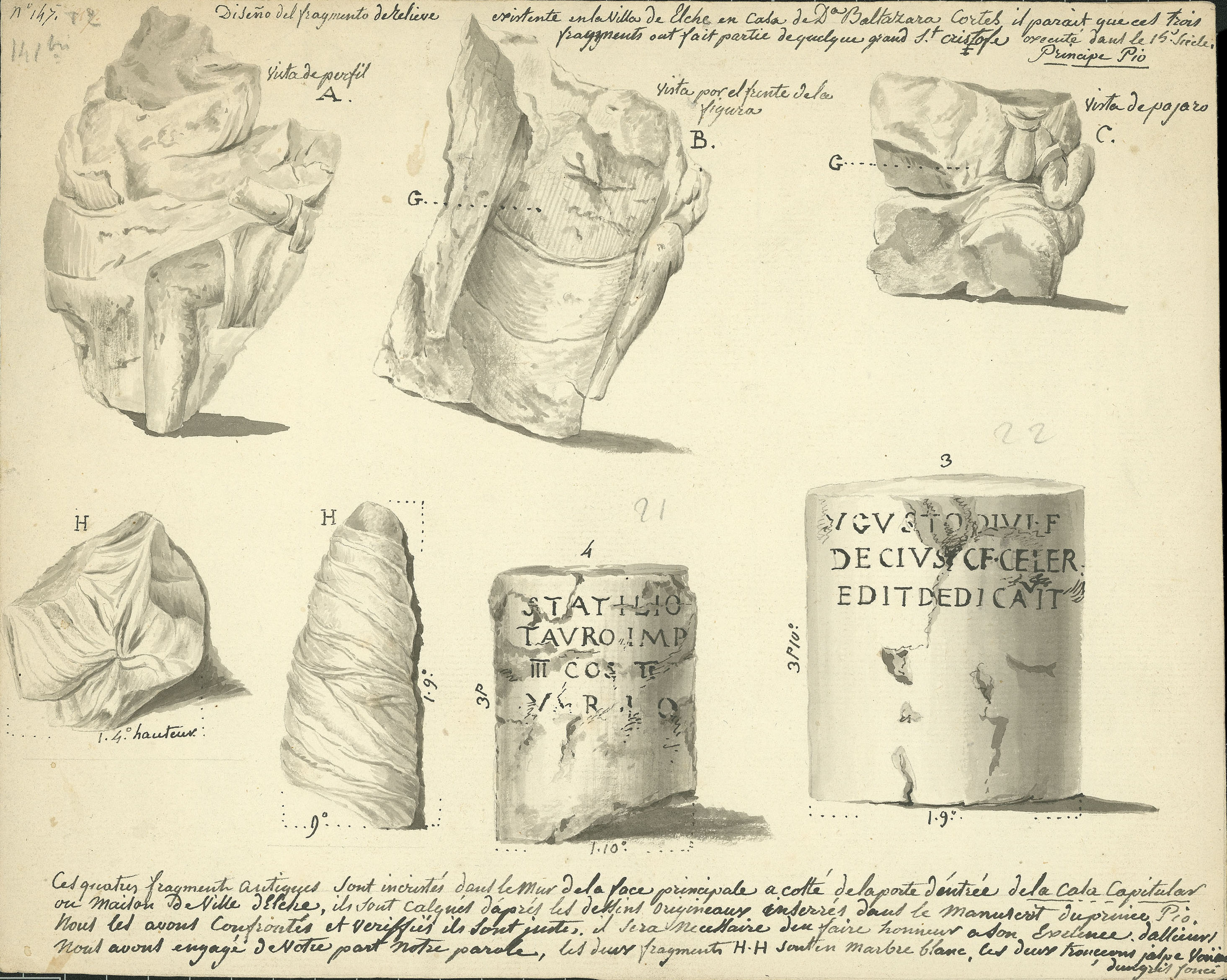 image for: François Ligier - Fragments d'una estàtua de Sant Cristòfol i de columnes copiats del manuscrit del príncep Pius - Cap a 1801-1803