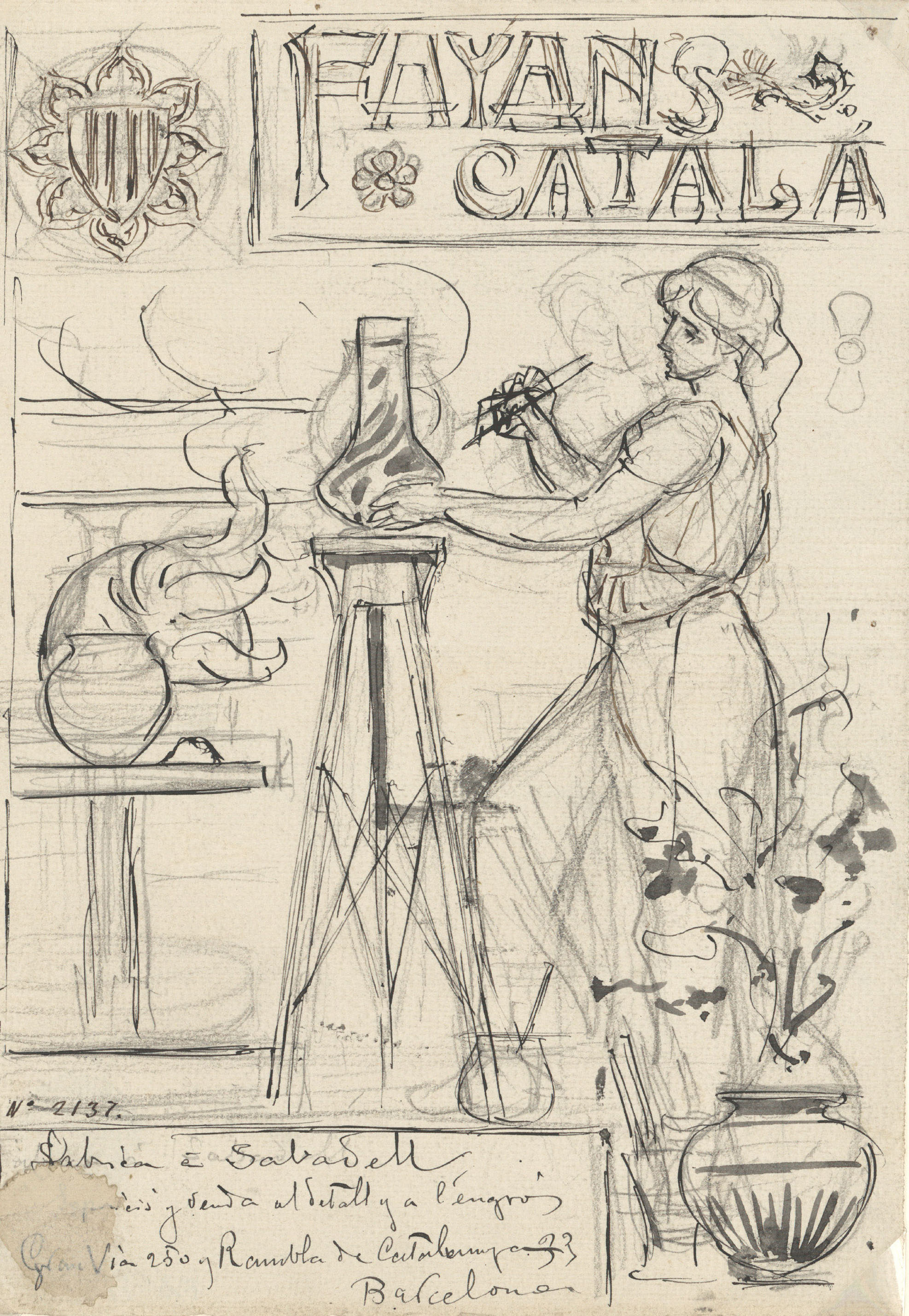 image for: Josep Lluís Pellicer - Projecte per al plafó ceràmic de la façana del Fayans (o Faianç) Català - Cap a 1901