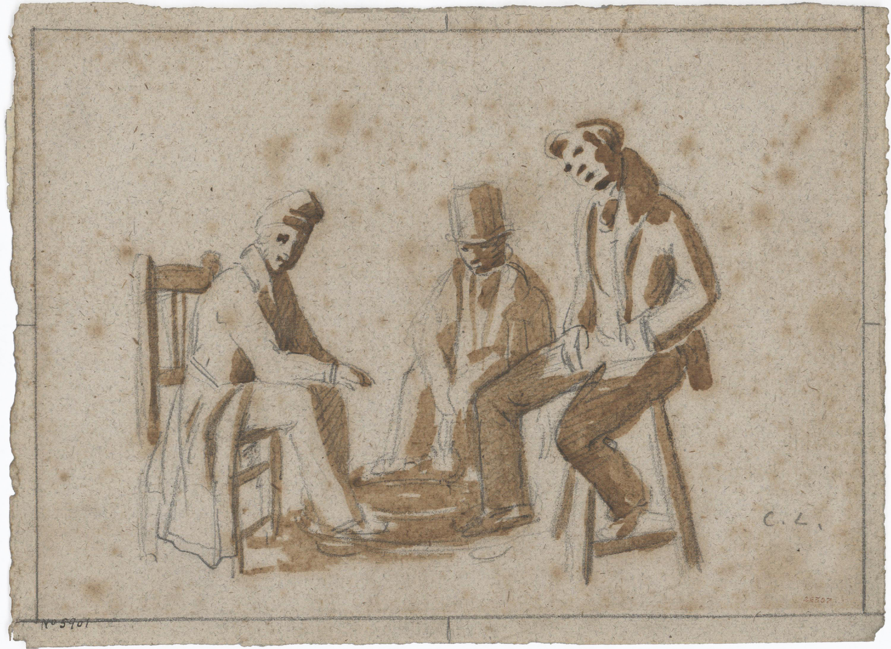 image for: Claudi Lorenzale - Tres homes escalfant-se al voltant d'un braser - Cap a 1840