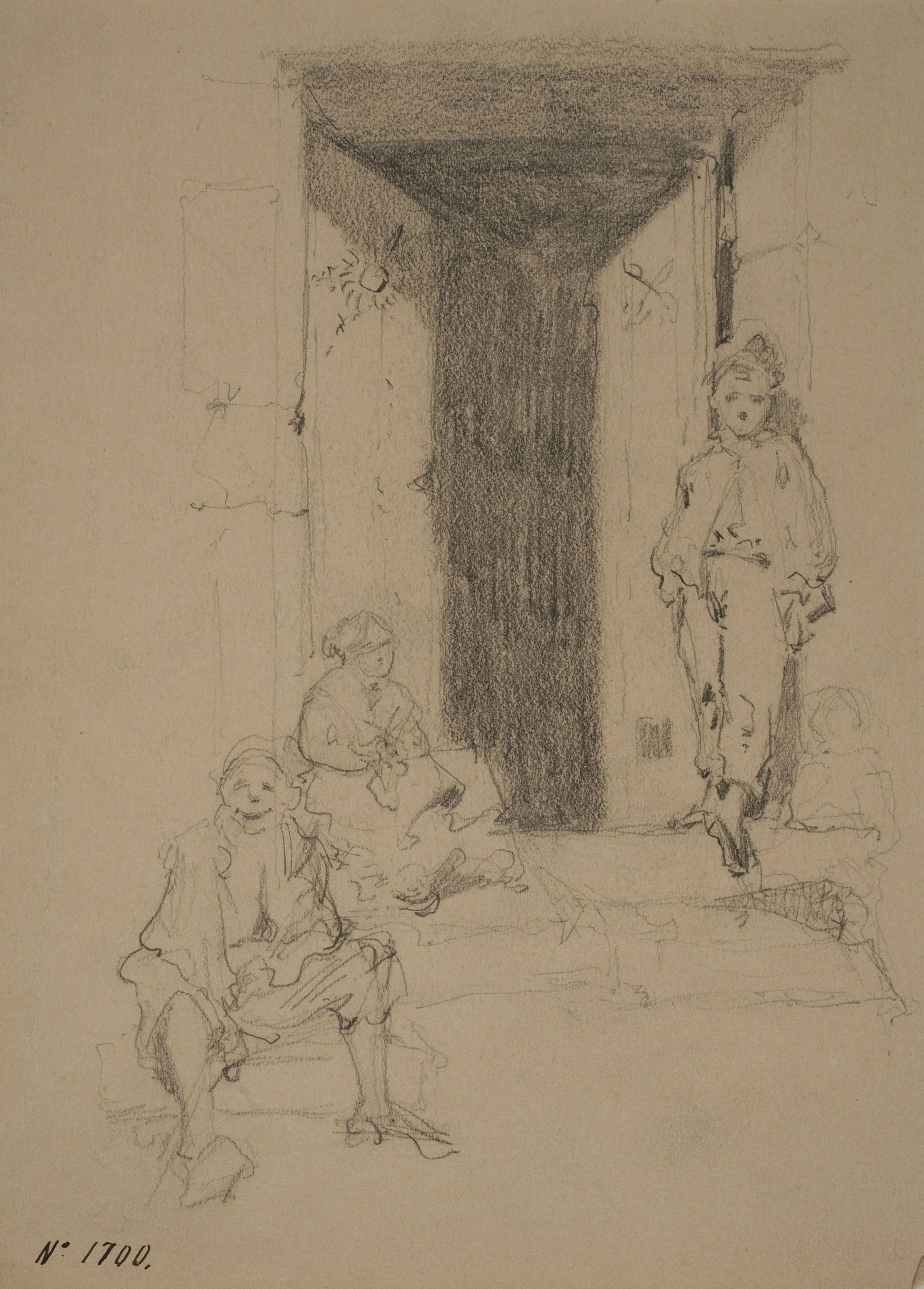 image for: Ramon Martí i Alsina - Tres persones, dues assegudes i una dreta al portal d'una casa - Cap a 1850-1855