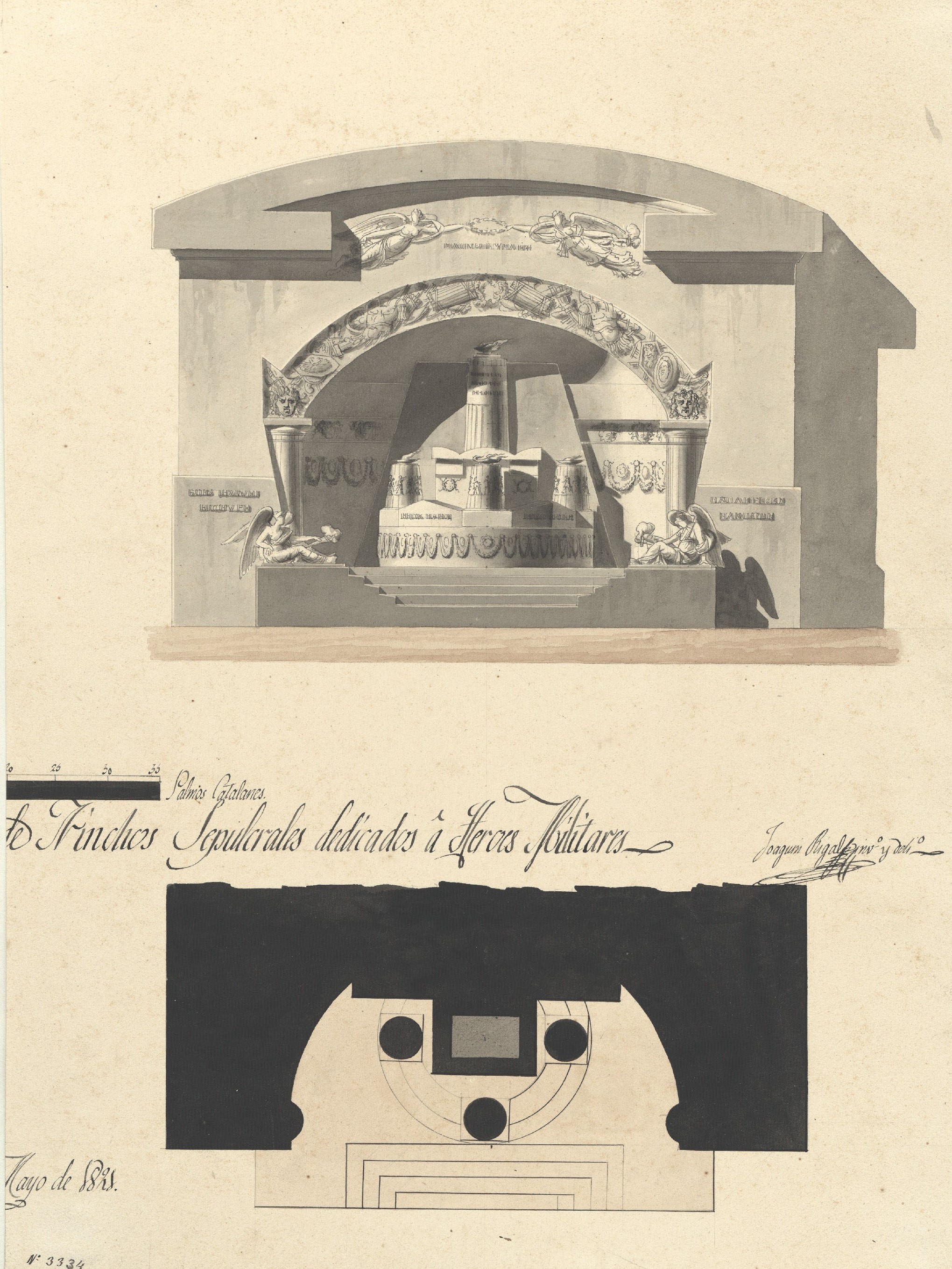 image for: Joaquim Rigalt - Planos y Elevaciones de dos proyectos de Ninchos Sepulcrales dedicados a Heroes Militares - Maig de 1821
