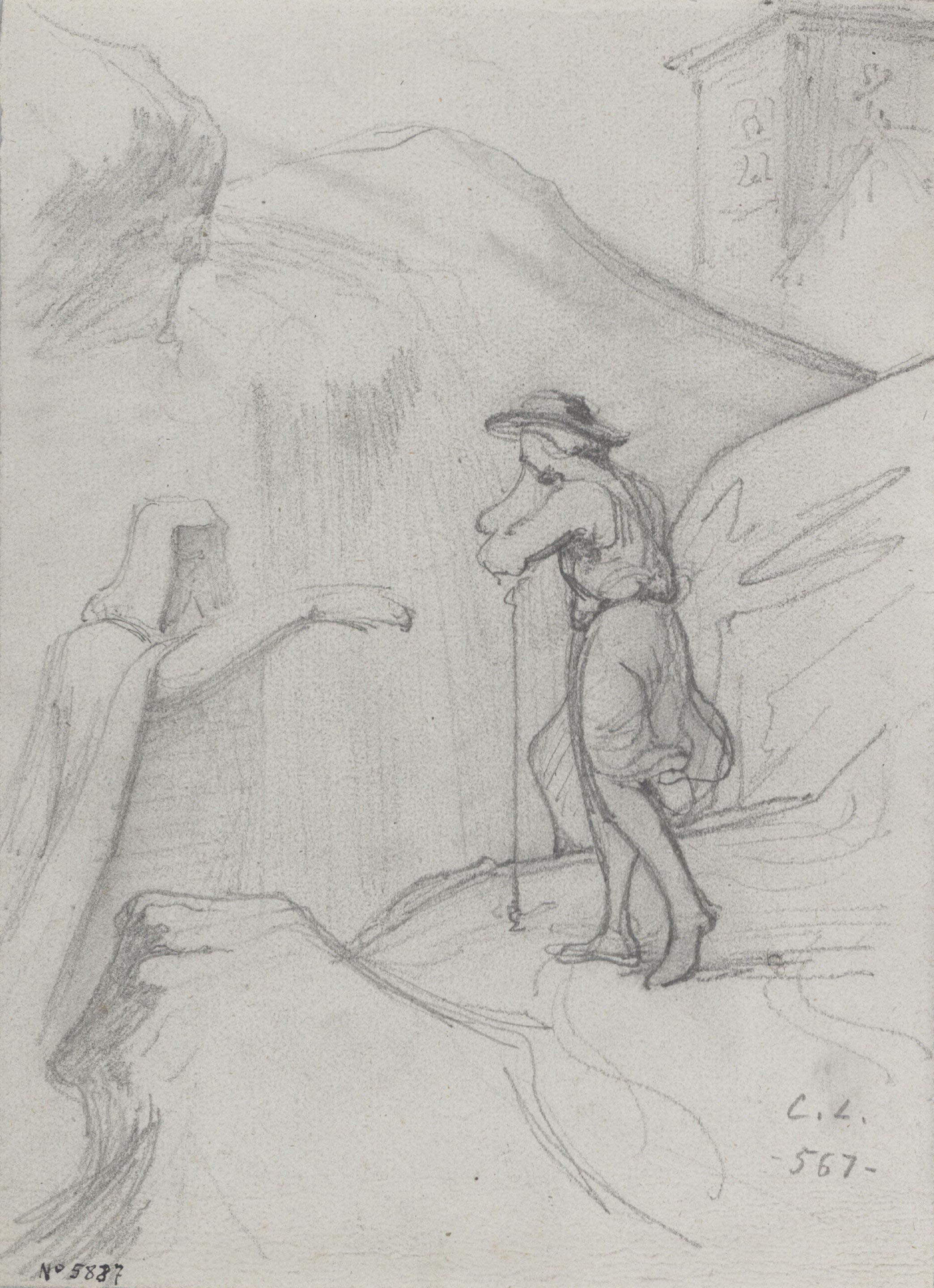 image for: Claudi Lorenzale - Pastor caminant per la muntanya a qui se l'apareix miraculosament un home amb capa i caputxa - Cap a 1850-1870