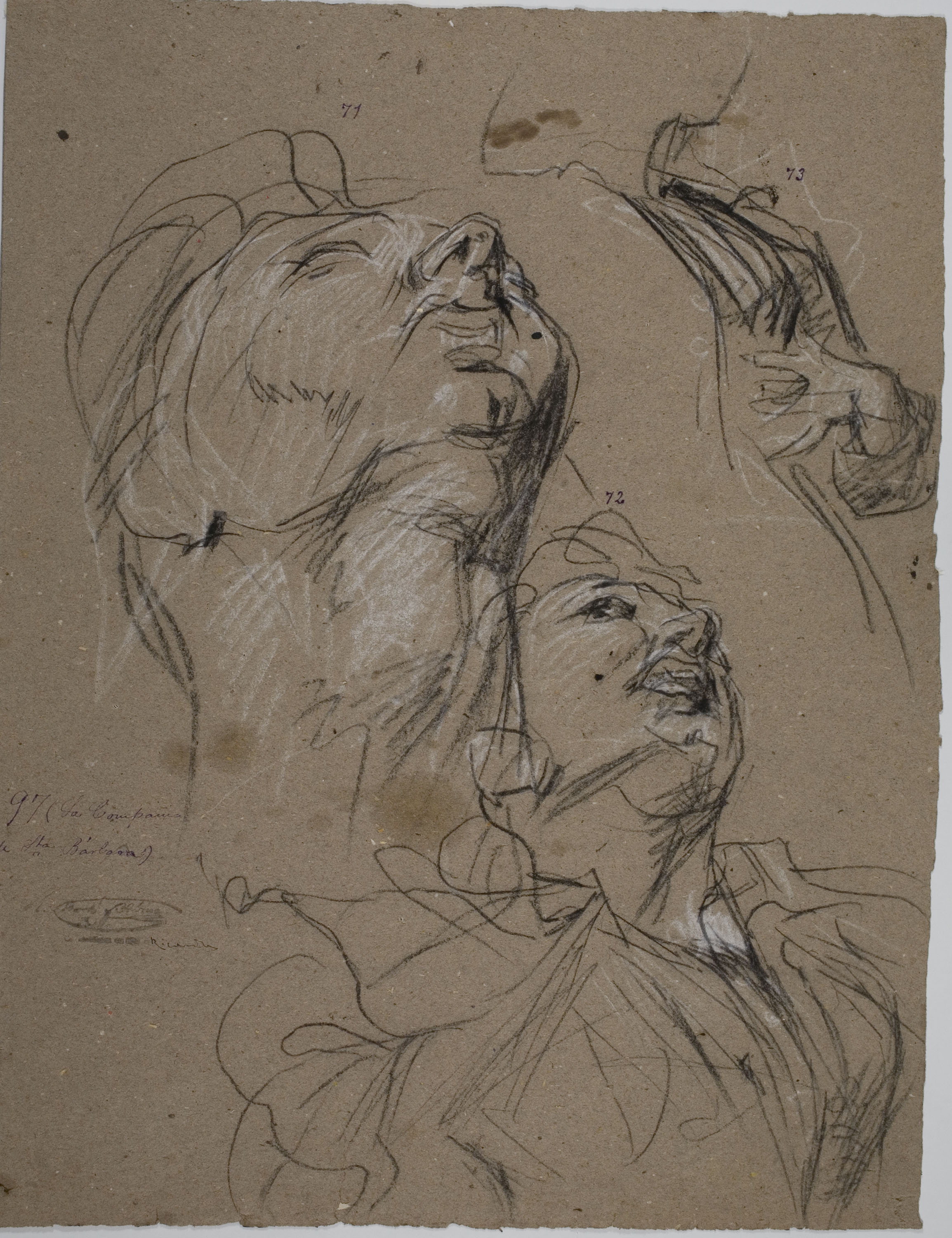 image for: Ramon Martí i Alsina - Tres estudis del cap, bust i ma de figura femenina per al quadre «La Companyia de Santa Bàrbara» - Cap a 1891