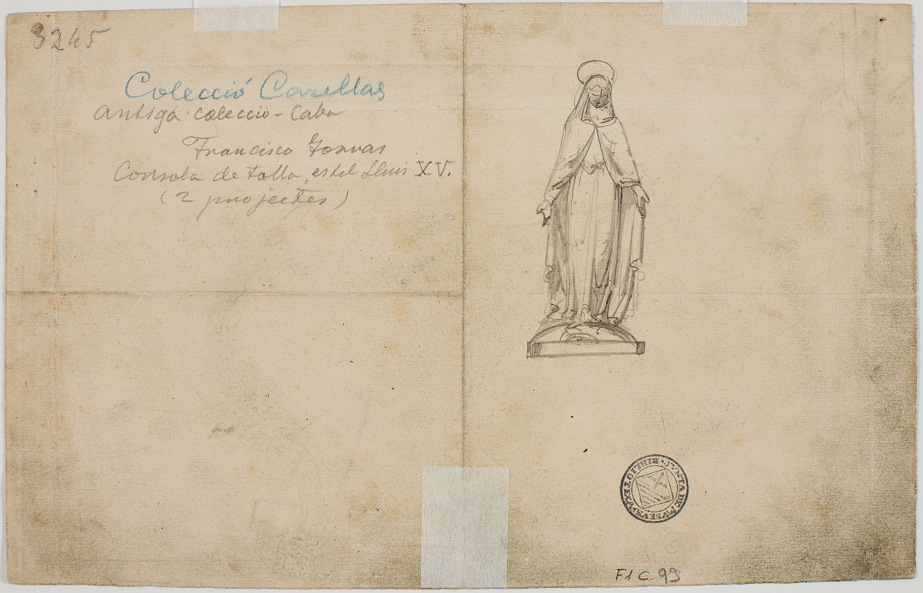 image for: Francesc Torras - Projecte d'una consola estil Lluís XVI (anvers) / Mare de Déu (revers) - Cap a 1851