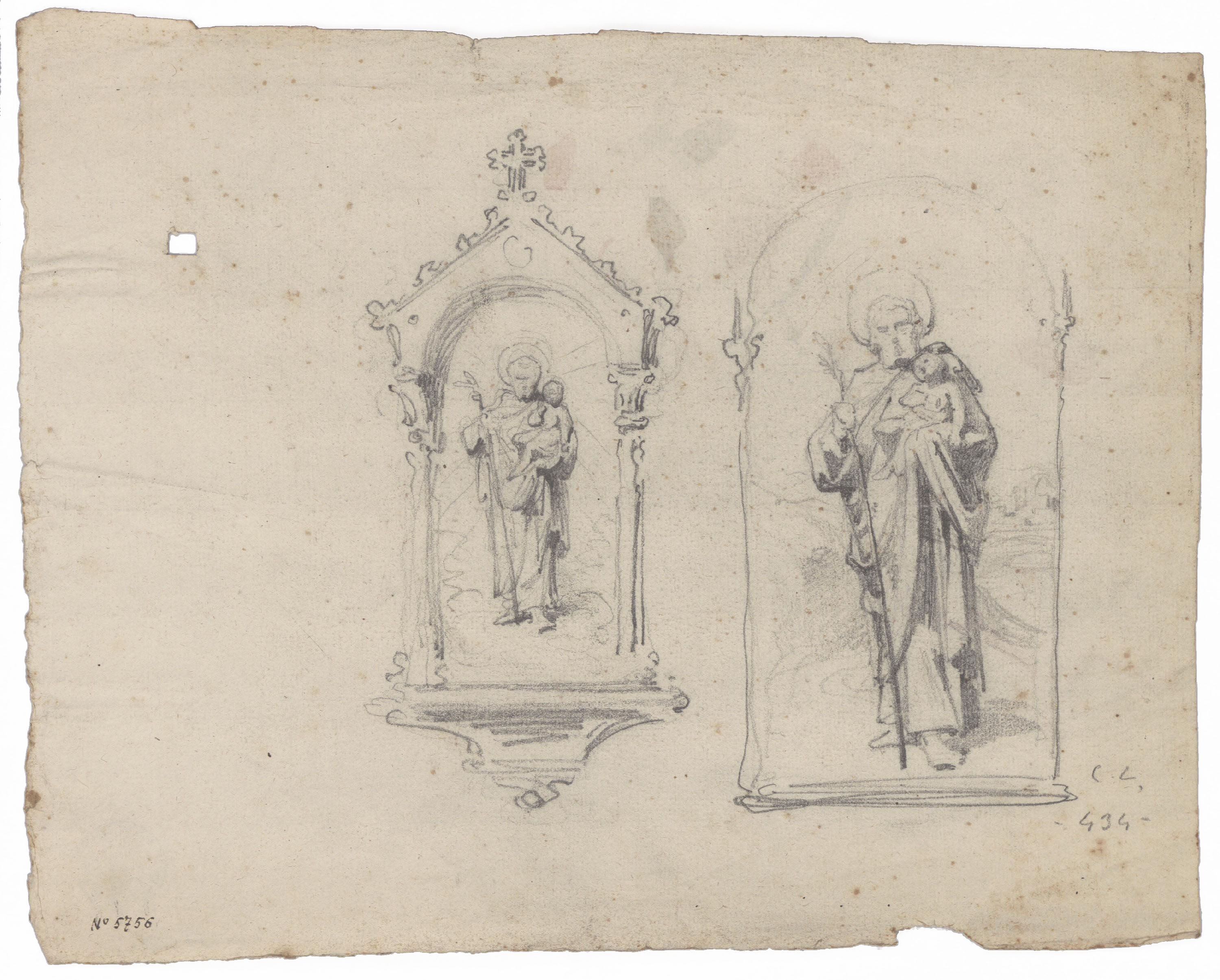 image for: Claudi Lorenzale - Sant Josep portant al Nen (anvers) / Apunt de Sant Josep i proves de color (revers) - Cap a 1850-1870