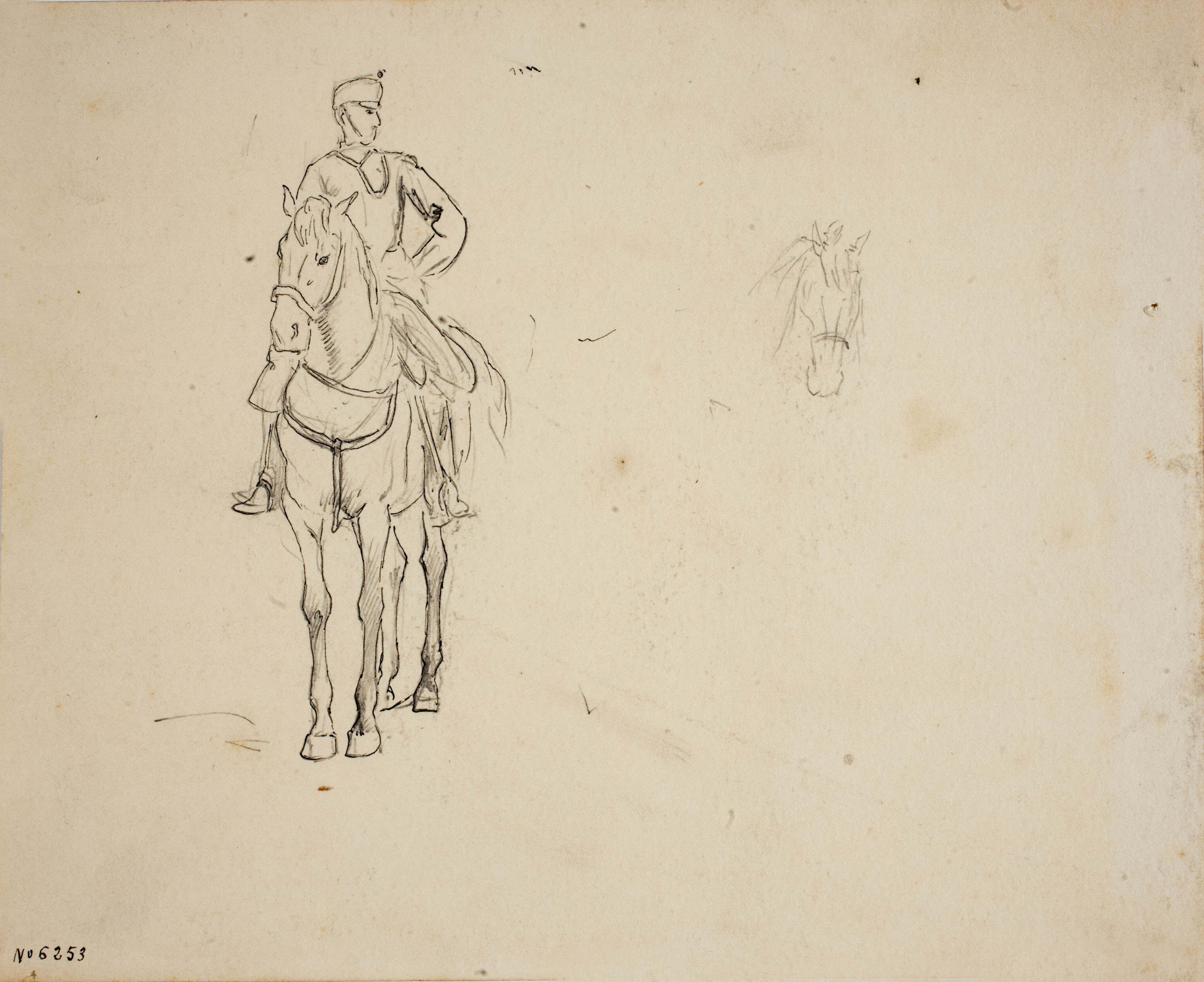 image for: Josep Lluís Pellicer - Soldat a cavall i croquis de cap de cavall - Cap a 1872-1876