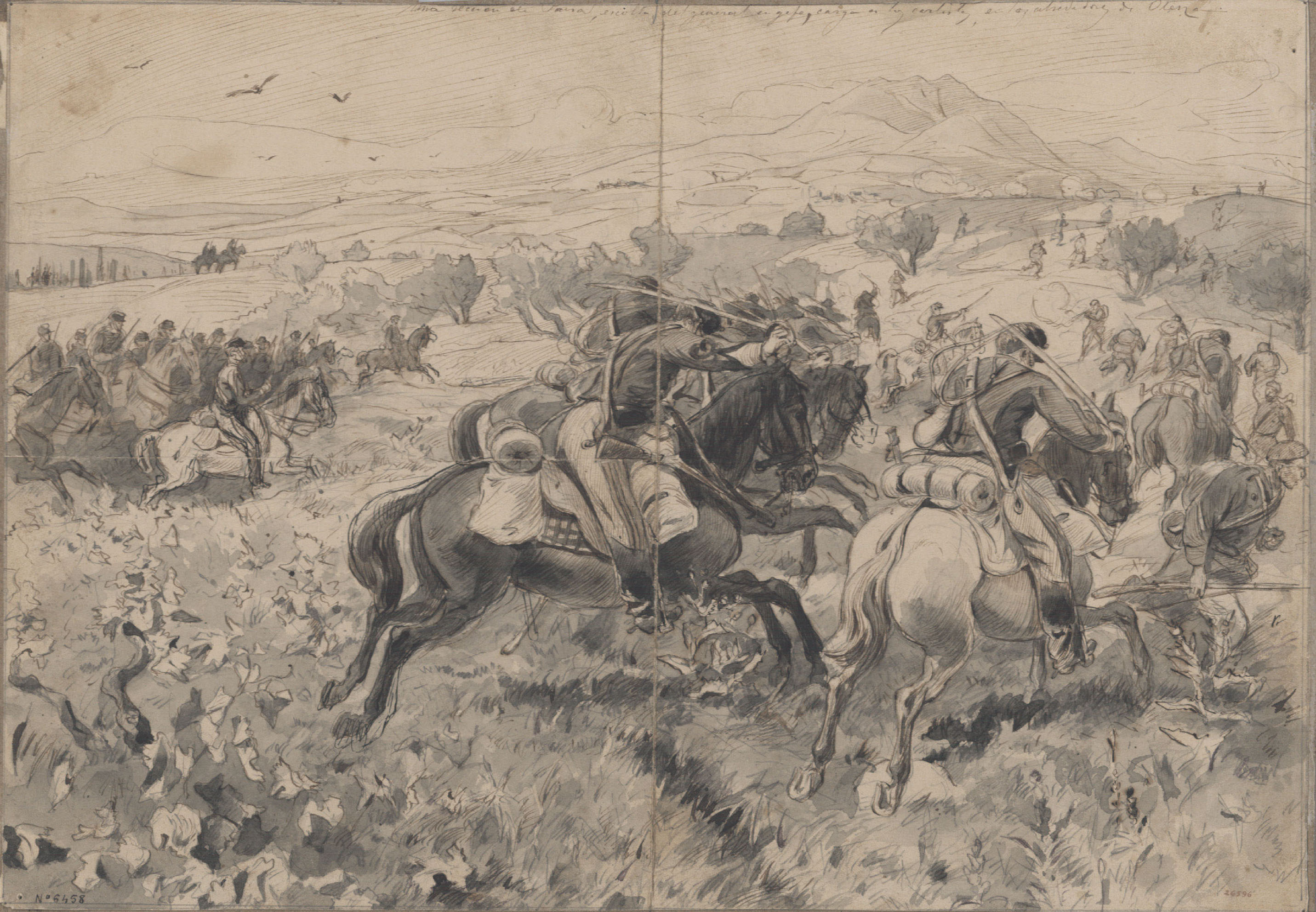 image for: Josep Lluís Pellicer - Una sección de Pavía, escolta del general en gefe, carga a los carlistas, en los alrededores de Oteiza - 1875