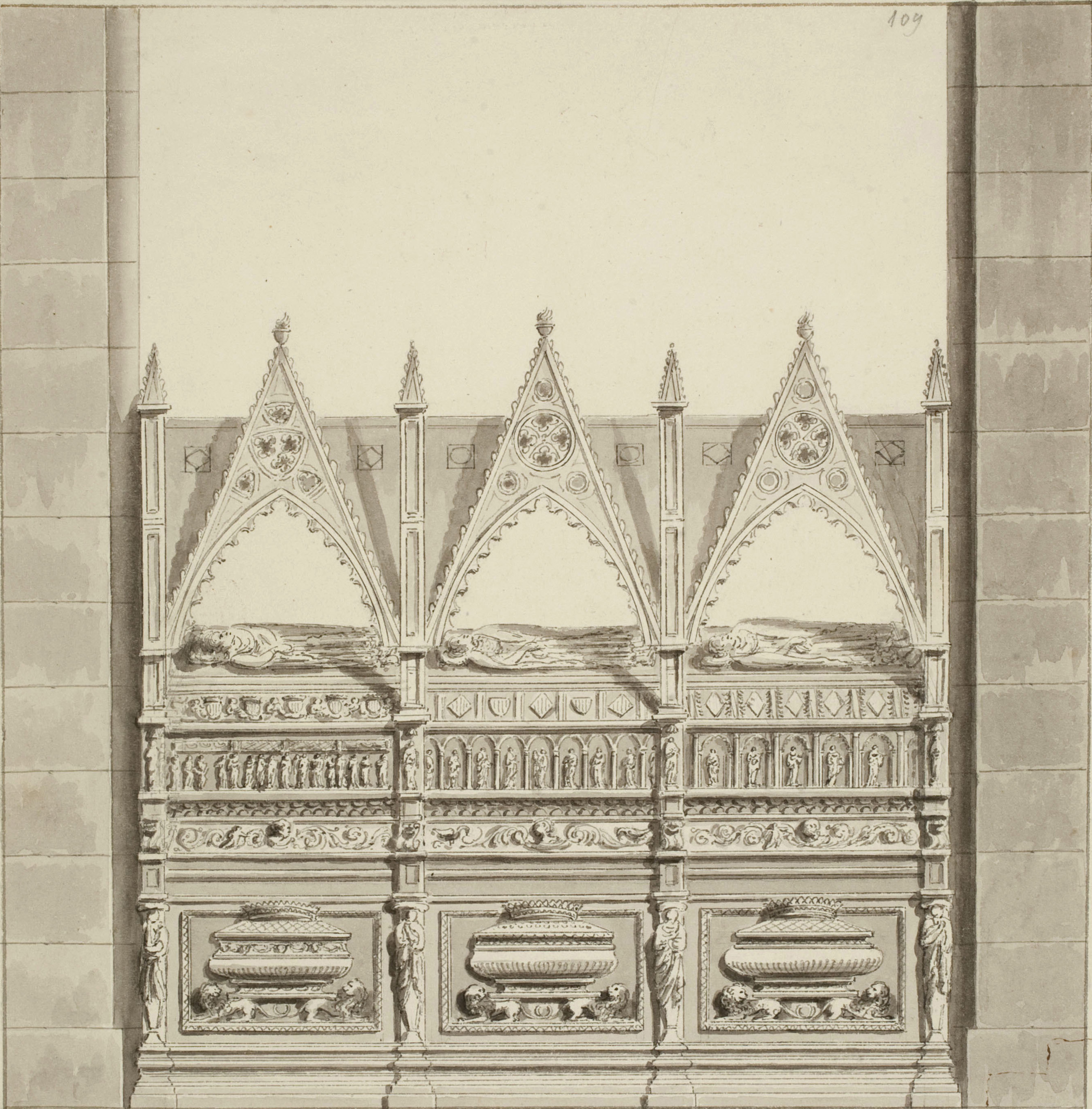 image for: Alexandre de Laborde - Vista frontal d'un sepulcre reial i dels Cardona del monestir de Poblet - Cap a 1801-1803