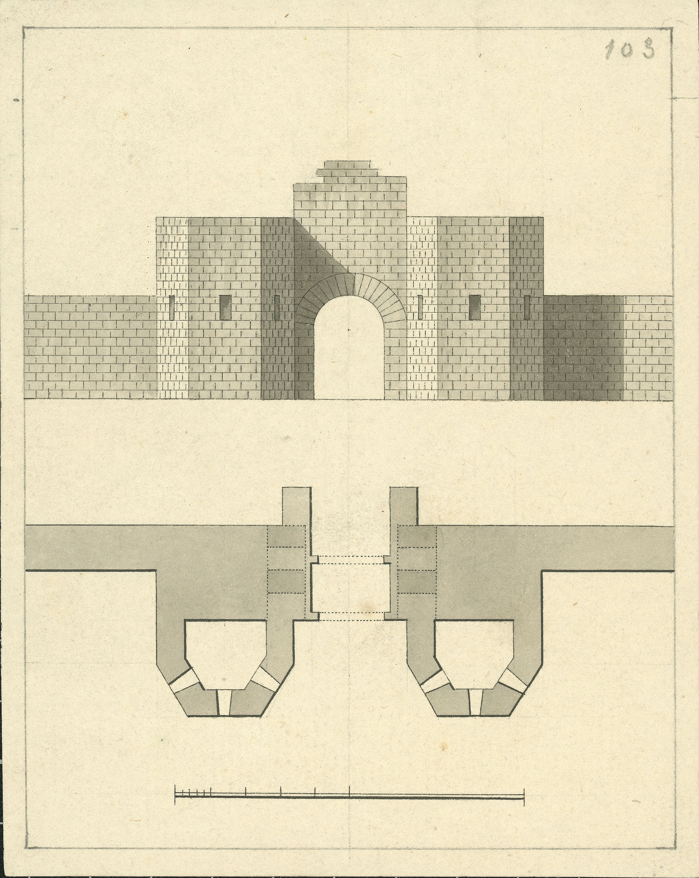 image for: Anònim - Planta i alçat de la porta dels Boters a la ciutat de Lleida - Cap a 1801-1803