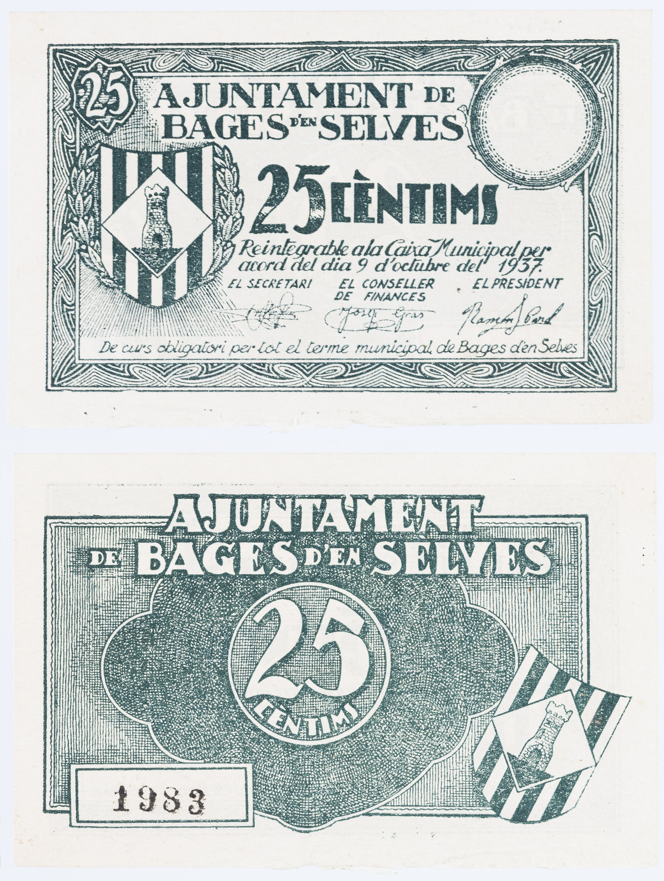 image for: Ajuntament de Bages d'en Selves. Sant Mateu de Bages - 25 cèntims - 1937