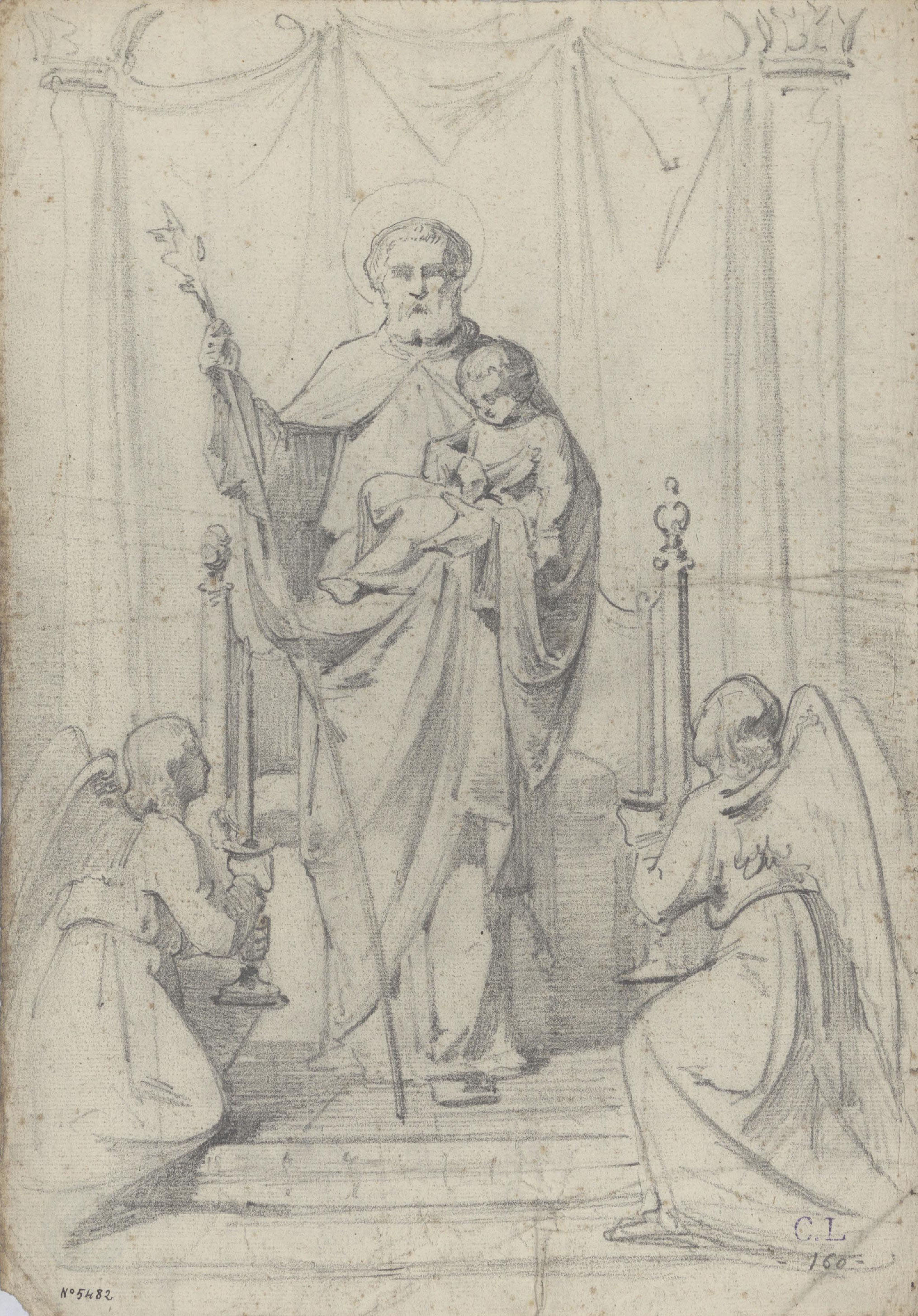 image for: Claudi Lorenzale - Estudi de Sant Josep amb el nen Jesús i àngels per a un retaule - Cap a 1850-1870