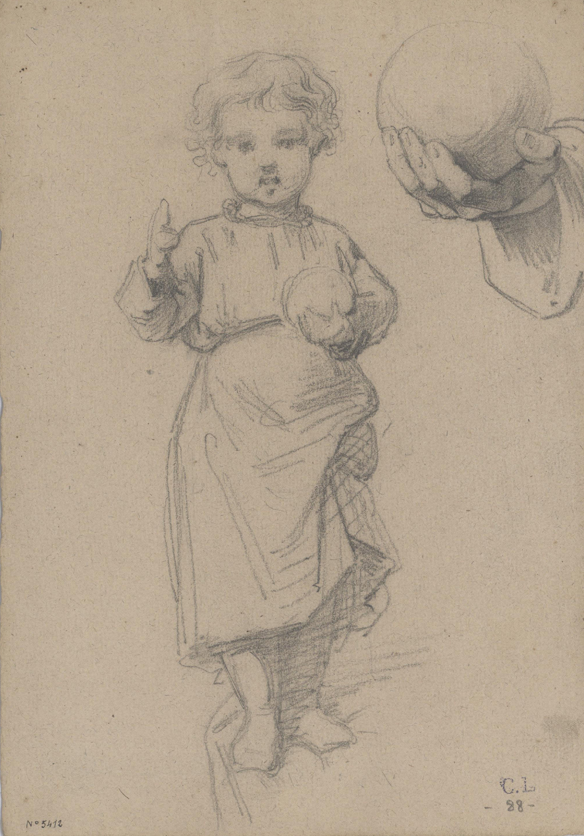 image for: Claudi Lorenzale - Estudi del nen Jesús amb la bola a la mà i detall de la mà - Cap a 1850-1870
