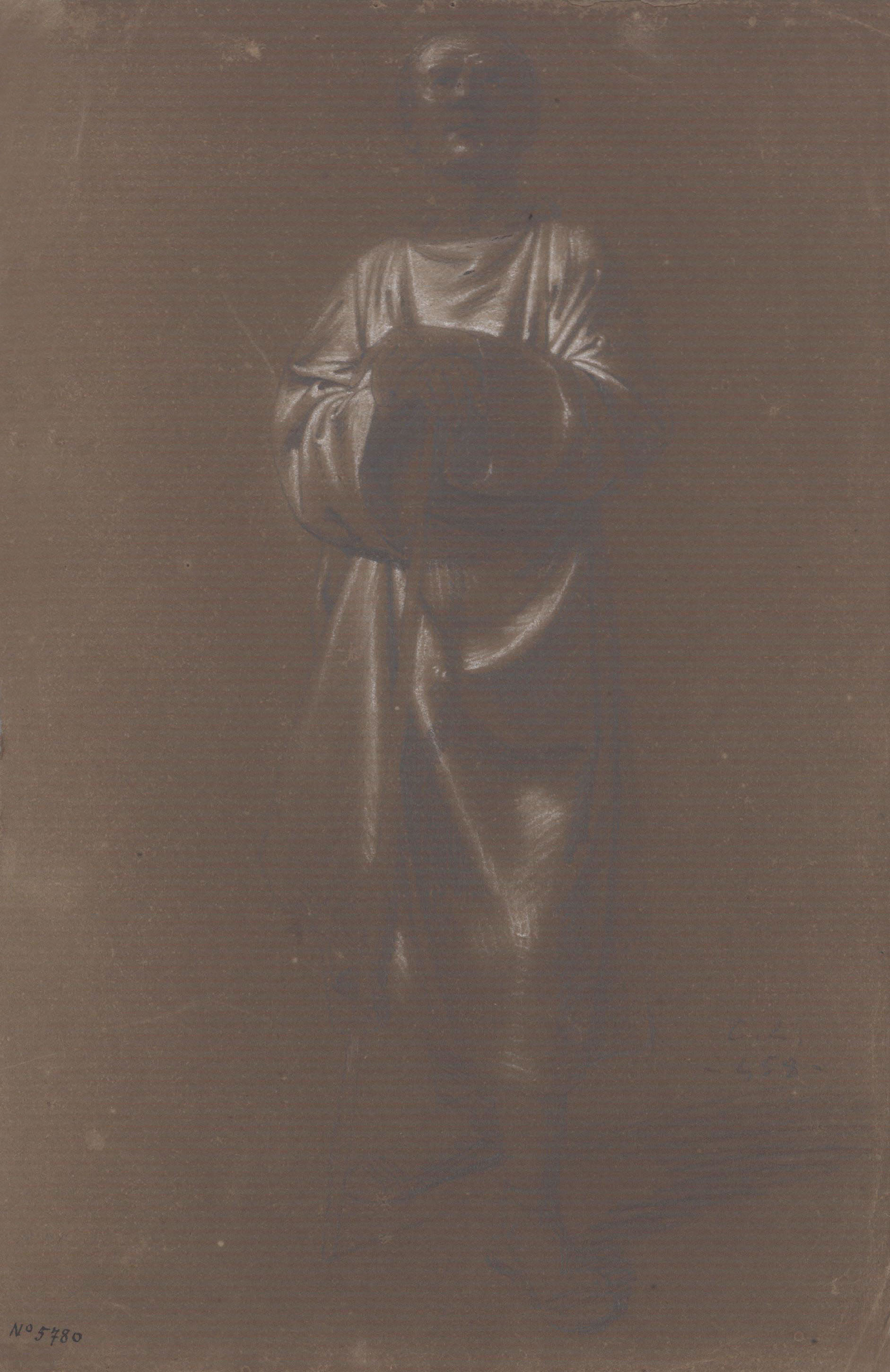 image for: Claudi Lorenzale - Home amb túnica i recolzat amb les dues mans sobre una vara - Cap a 1850-1870