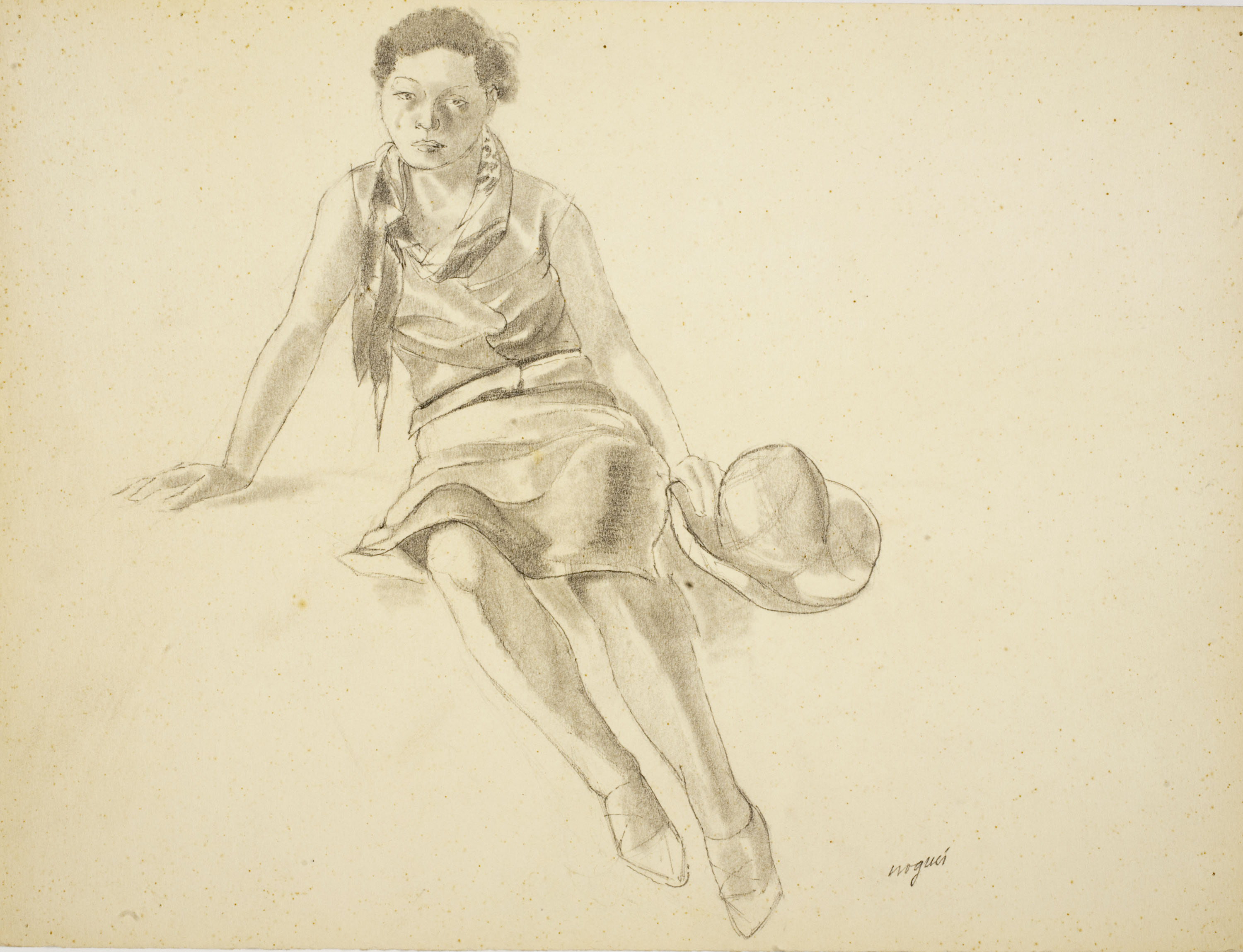 Xavier Nogués - Noia asseguda, amb un barret a la mà. Estudi preparatori per a l'oli «Noies» - Cap a 1938 image for: Xavier Nogués - Noia asseguda, amb un barret a la mà. Estudi preparatori per a l'oli «Noies» - Cap a 1938