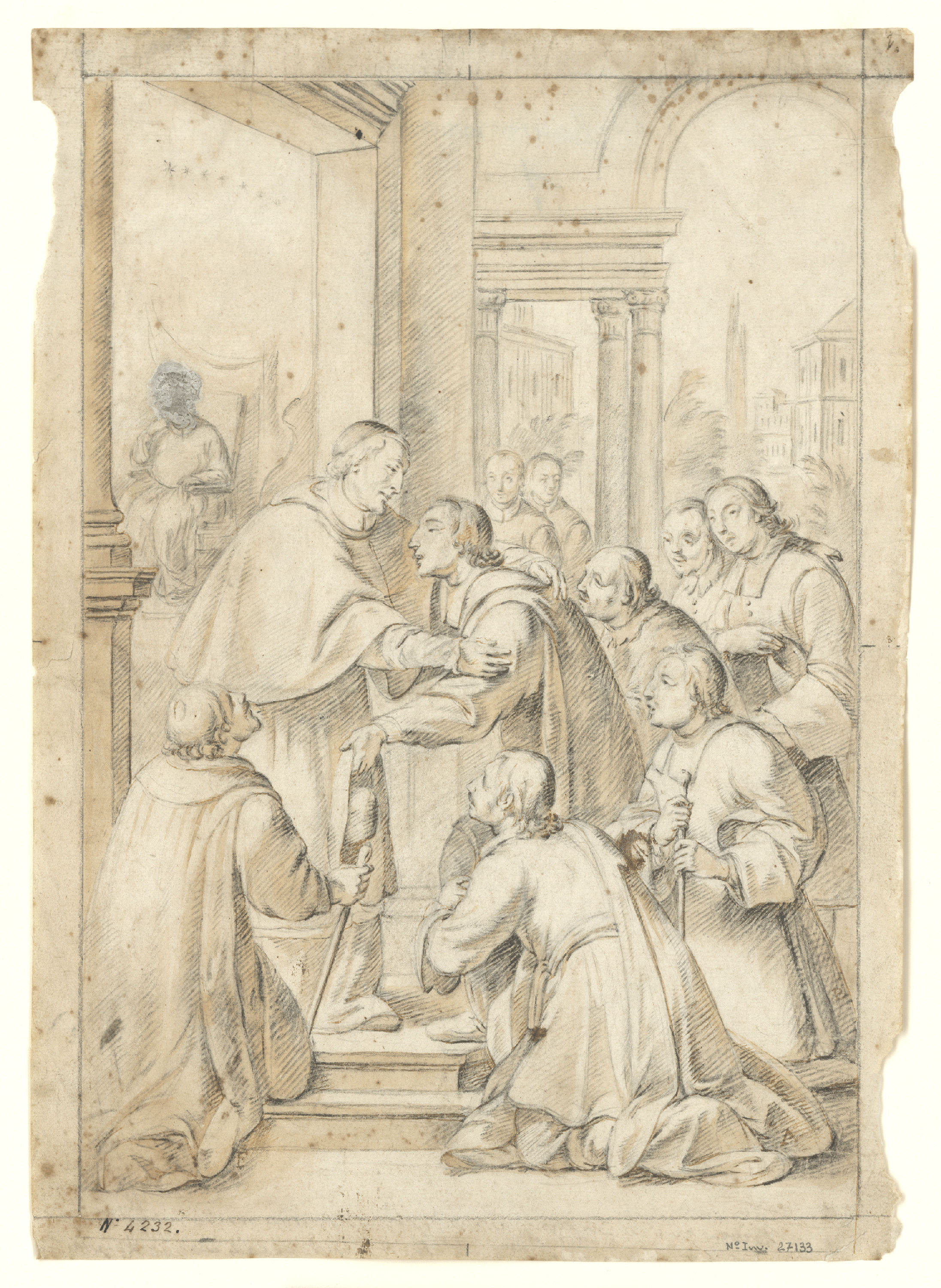 image for: Antoni Viladomat - Estudi per al quadre «Trobada de sant Bru amb el bisbe Hug de Colònia» de la cartoixa de Montalegre de Tiana (anvers) / Estudi per al quadre «Trobada de sant Bru amb el bisbe... - Cap a 1730
