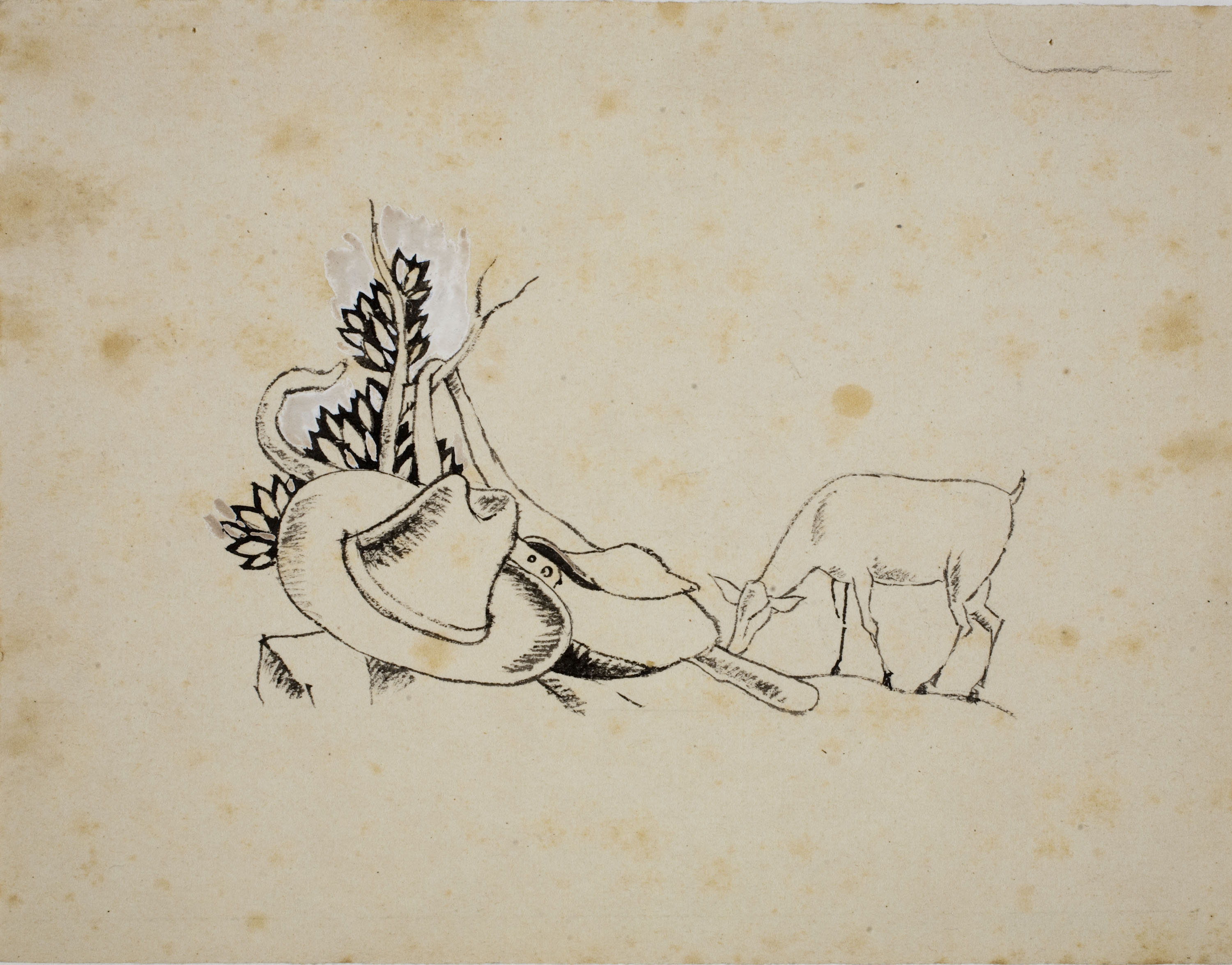 image for: Xavier Nogués - Matoll, barret, alforja, bastó i cabra (il·lustració no publicada per a l'obra de Pedro Antonio de Alarcón «El Sombrero de tres picos») - Cap a 1934