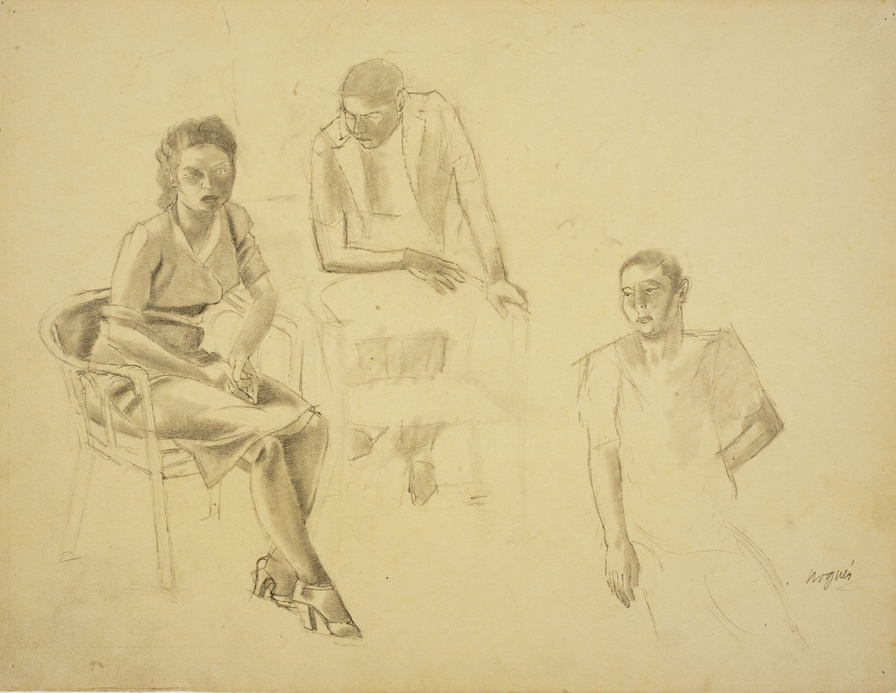 image for: Xavier Nogués - Dona asseguda i dos homes. Estudi preparatori per a l'oli «La cobla» - Cap a 1940
