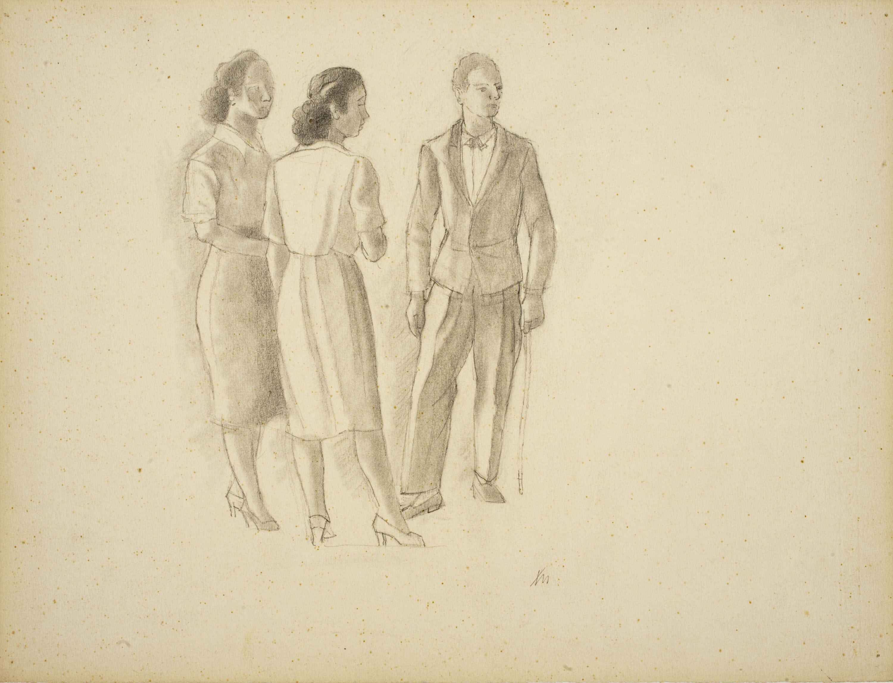 image for: Xavier Nogués - Dues dones i un home dempeus. Estudi preparatori per a l'oli «La cobla» - Cap a 1940