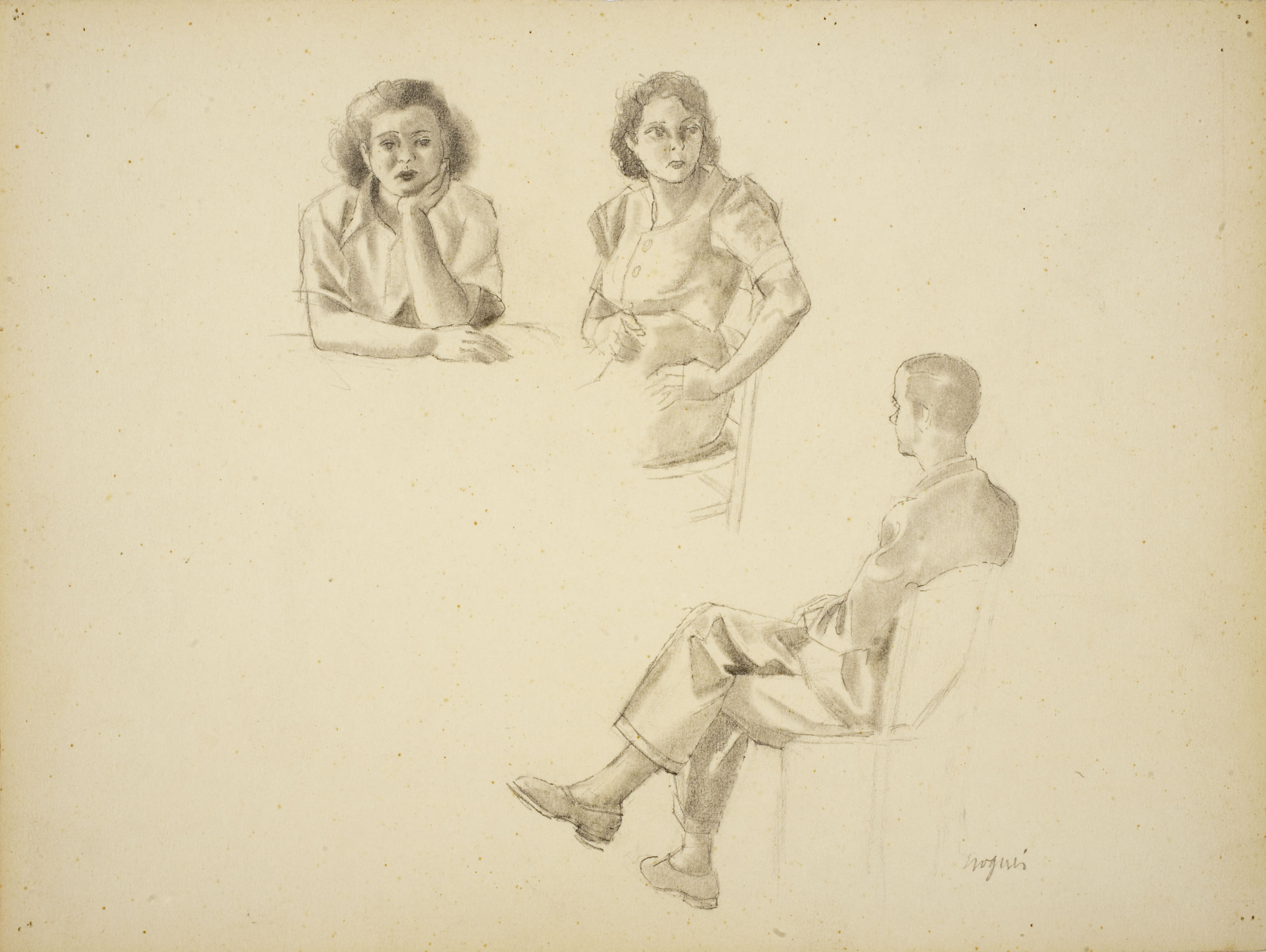 image for: Xavier Nogués - Dues dones i un home al voltant d'una taula. Estudi preparatori per a l'oli «La cobla» - Cap a 1940