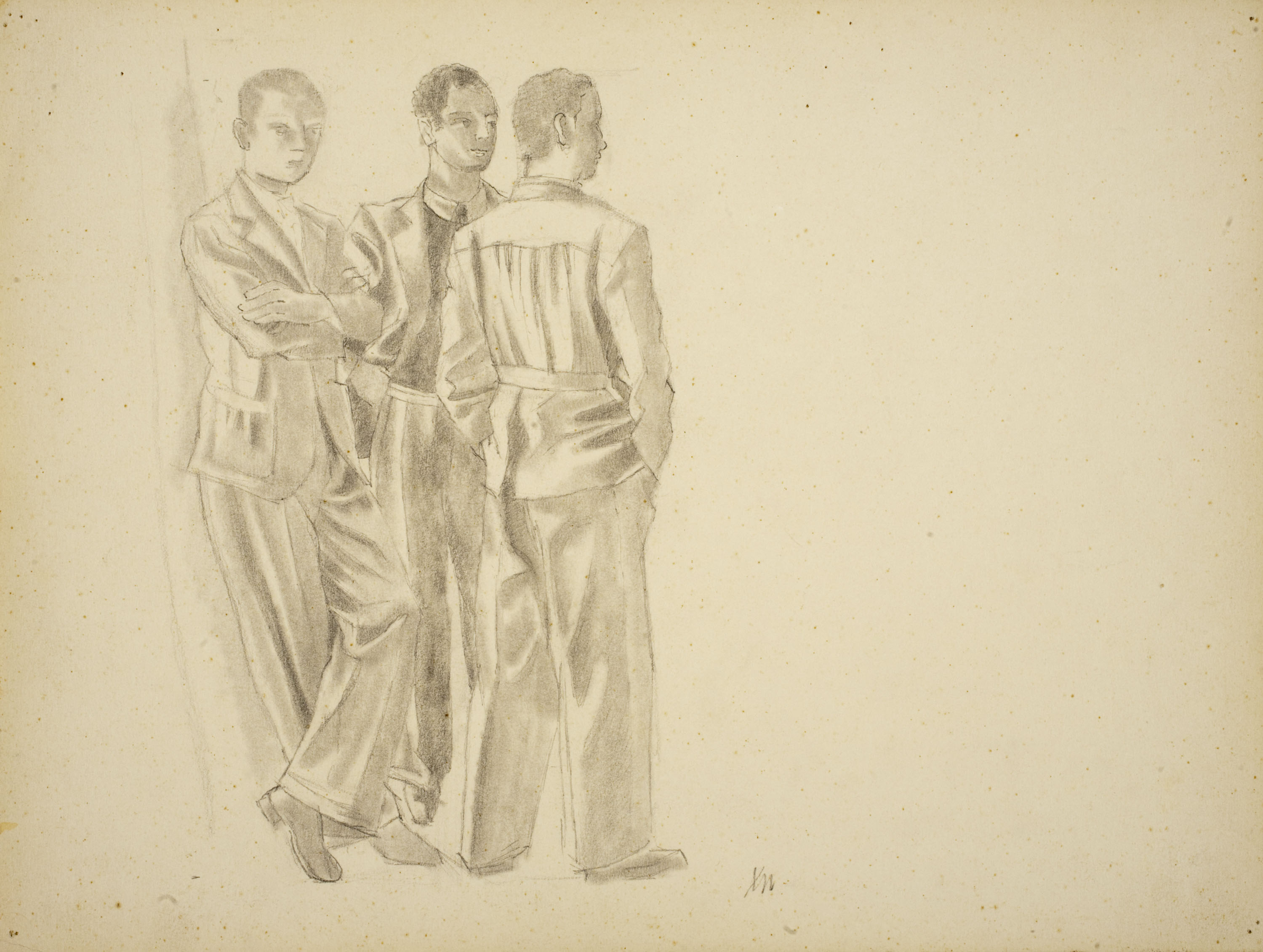 image for: Xavier Nogués - Tres homes dempeus. Estudi preparatori per a l'oli «La cobla» - Cap a 1940