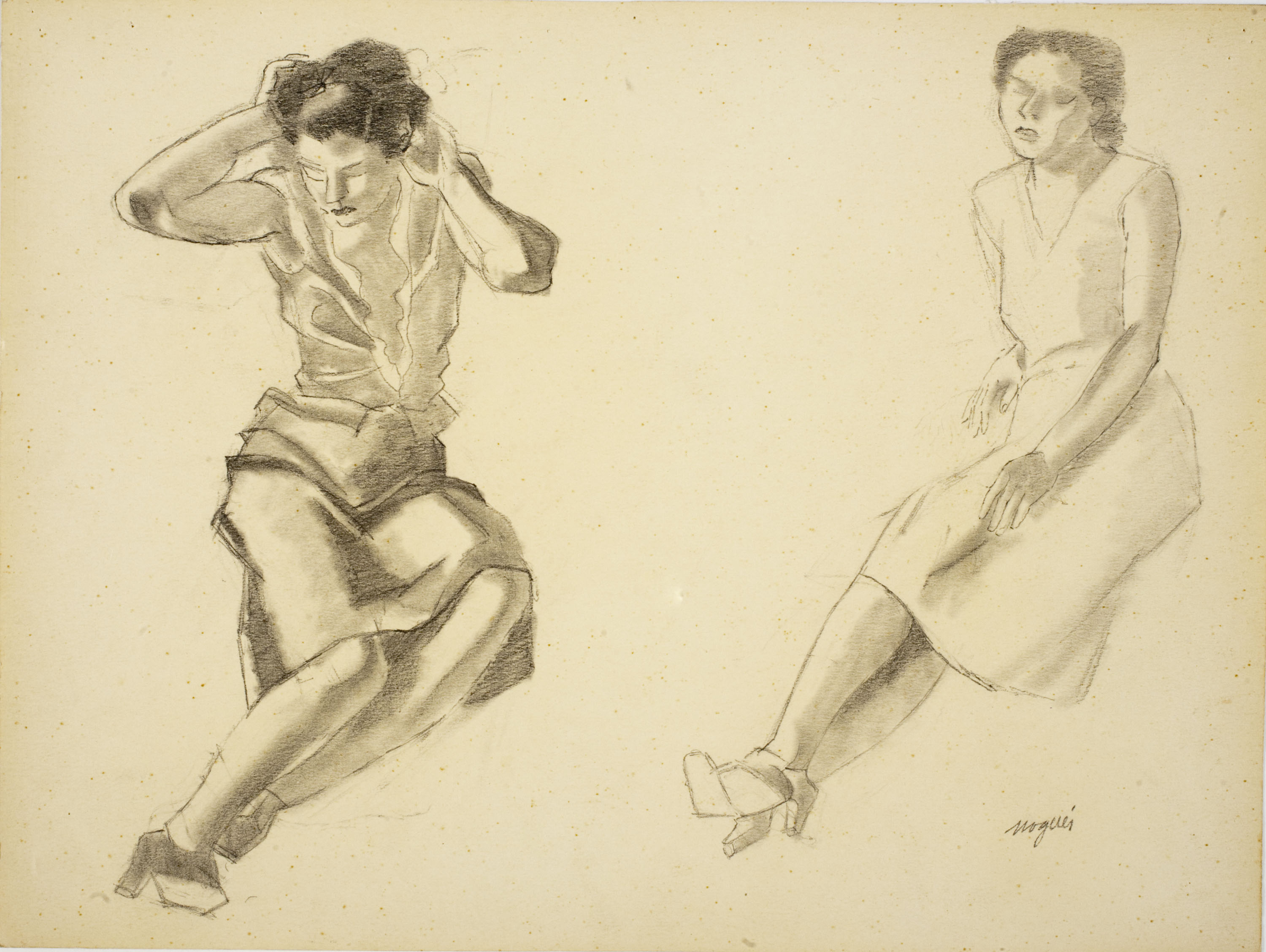 image for: Xavier Nogués - Dues noies assegudes. Estudi preparatori per a l'oli «Excursionistes» - Cap a 1938