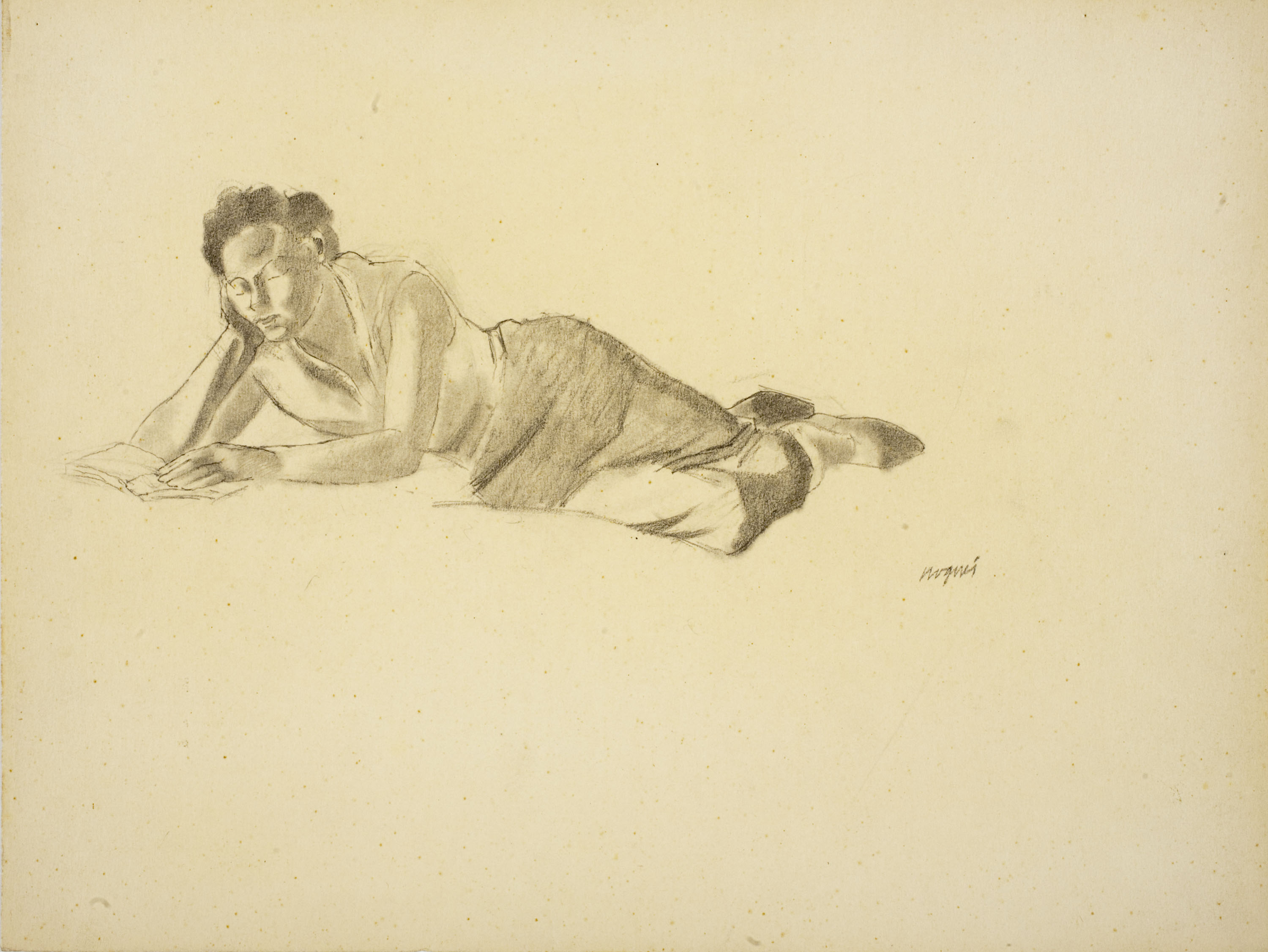 image for: Xavier Nogués - Noia ajaguda, llegint. Estudi preparatori per a l'oli «Noia de l'ombrel·la» - Cap a 1938