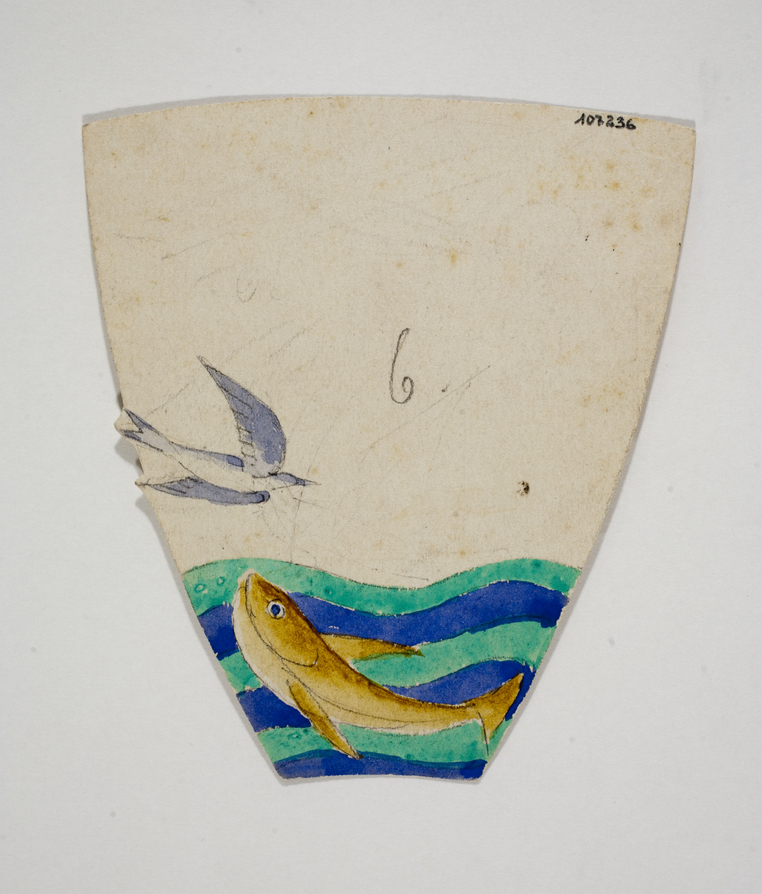 image for: Xavier Nogués - Ocell i peix al mar. Estudi preparatori per a la decoració de vidre esmaltat - Cap a 1924-1928