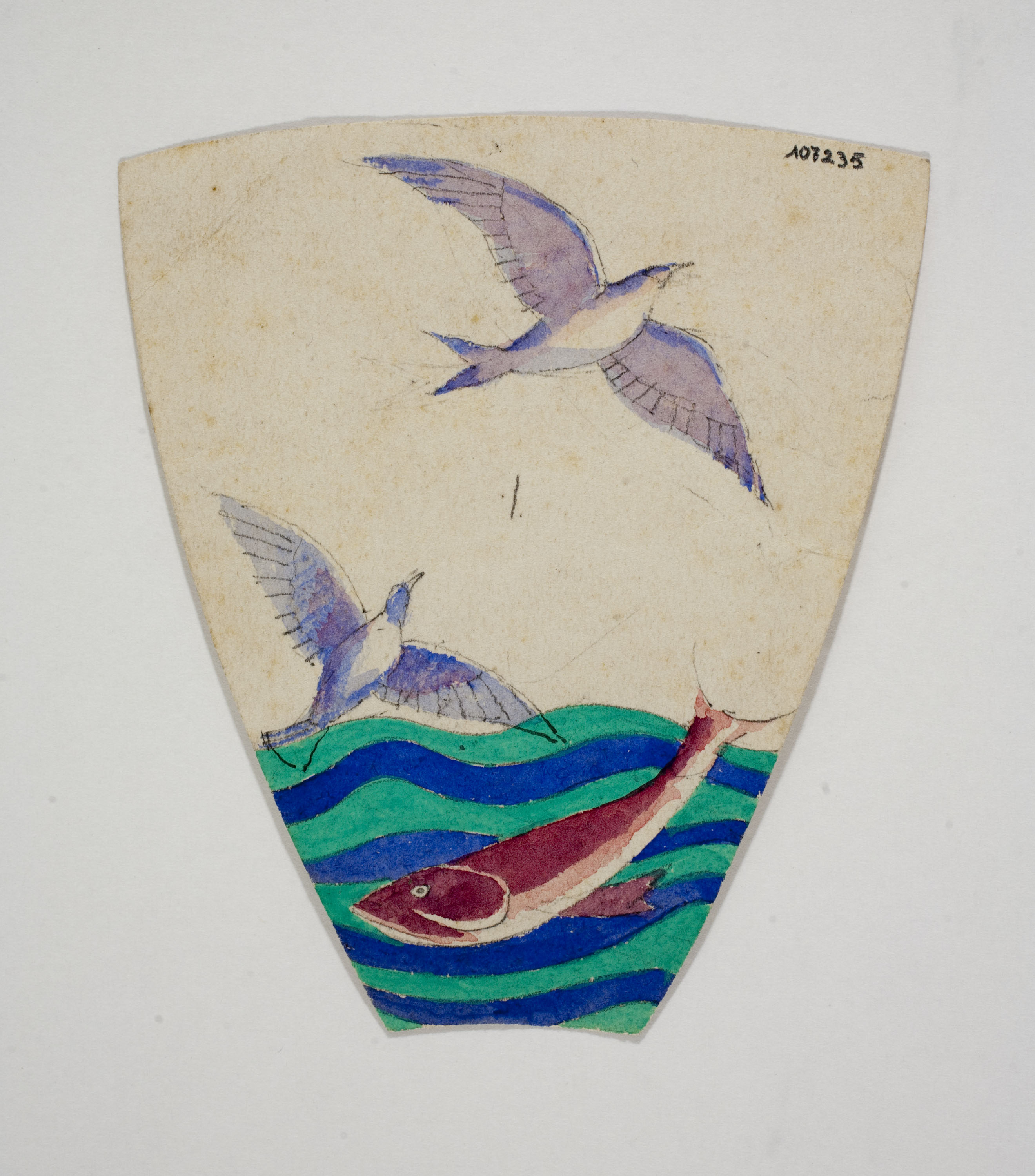image for: Xavier Nogués - Ocells i peix al mar. Estudi preparatori per a la decoració de vidre esmaltat - Cap a 1924-1928
