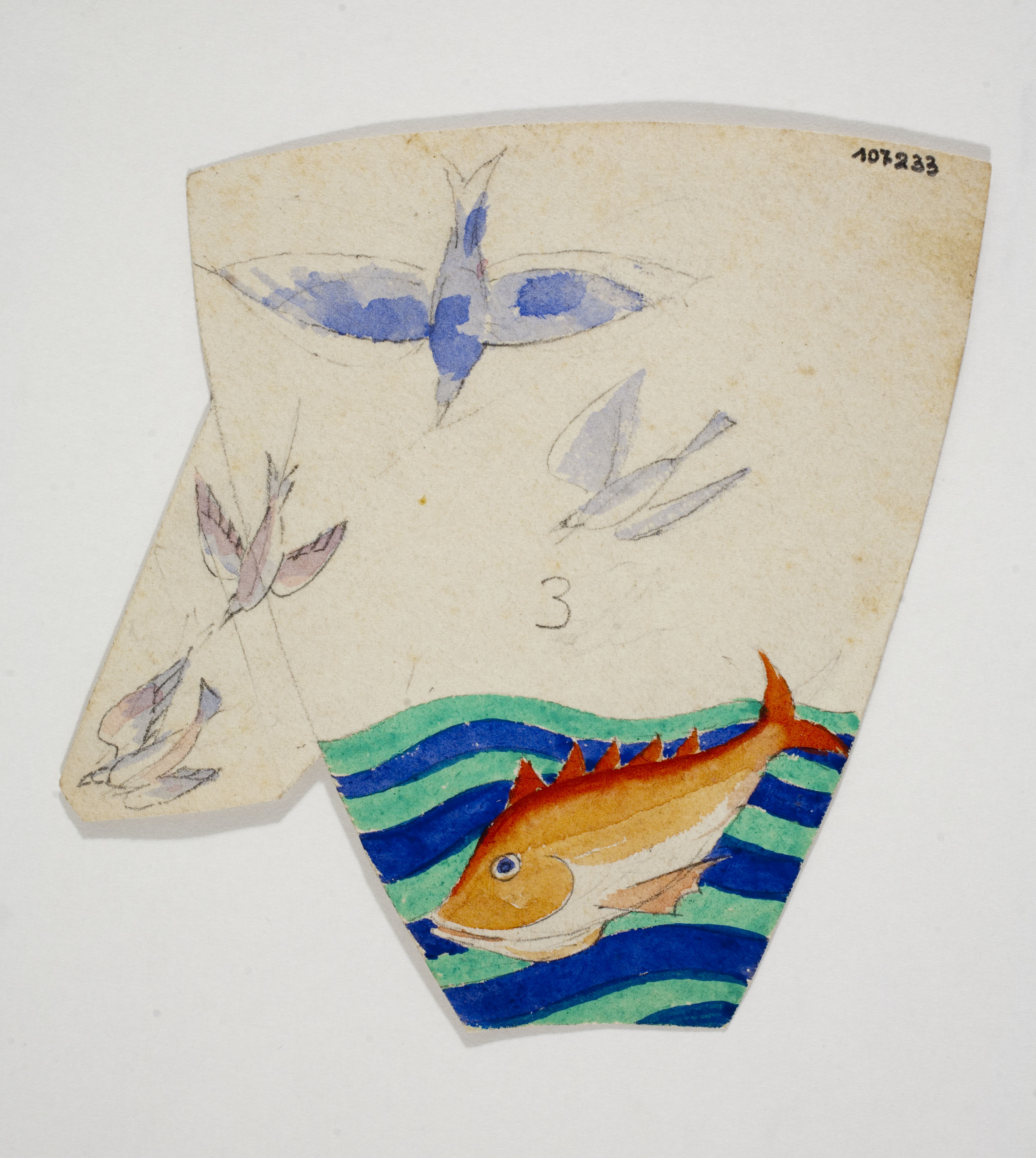 image for: Xavier Nogués - Ocells i peix al mar. Estudi preparatori per a la decoració de vidre esmaltat - Cap a 1924-1928