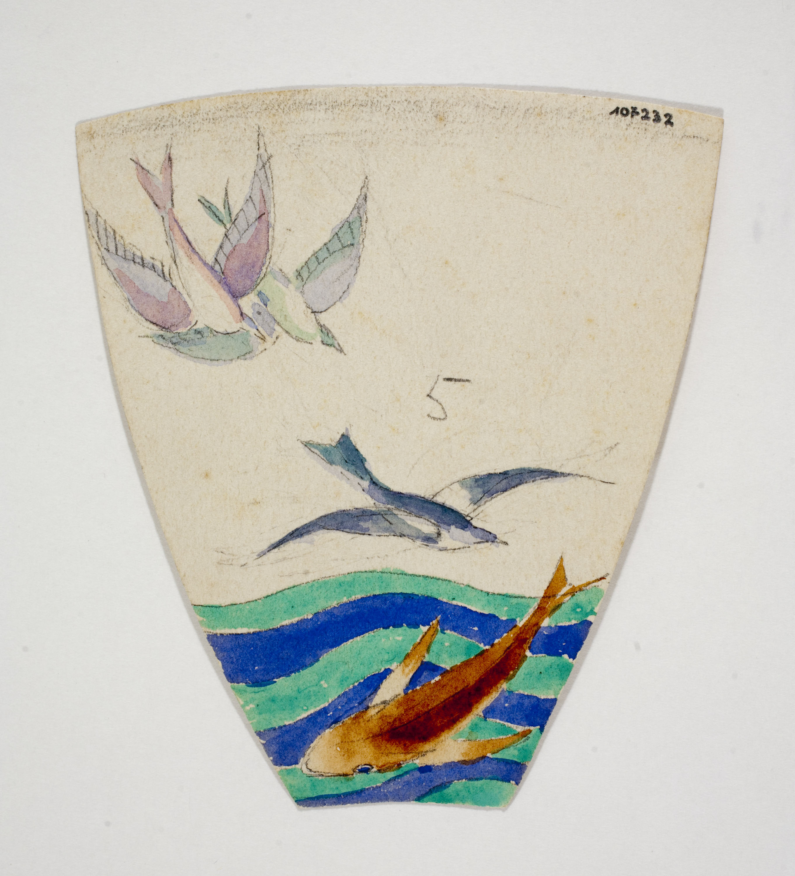 image for: Xavier Nogués - Ocells i peix al mar. Estudi preparatori per a la decoració de vidre esmaltat - Cap a 1924-1928