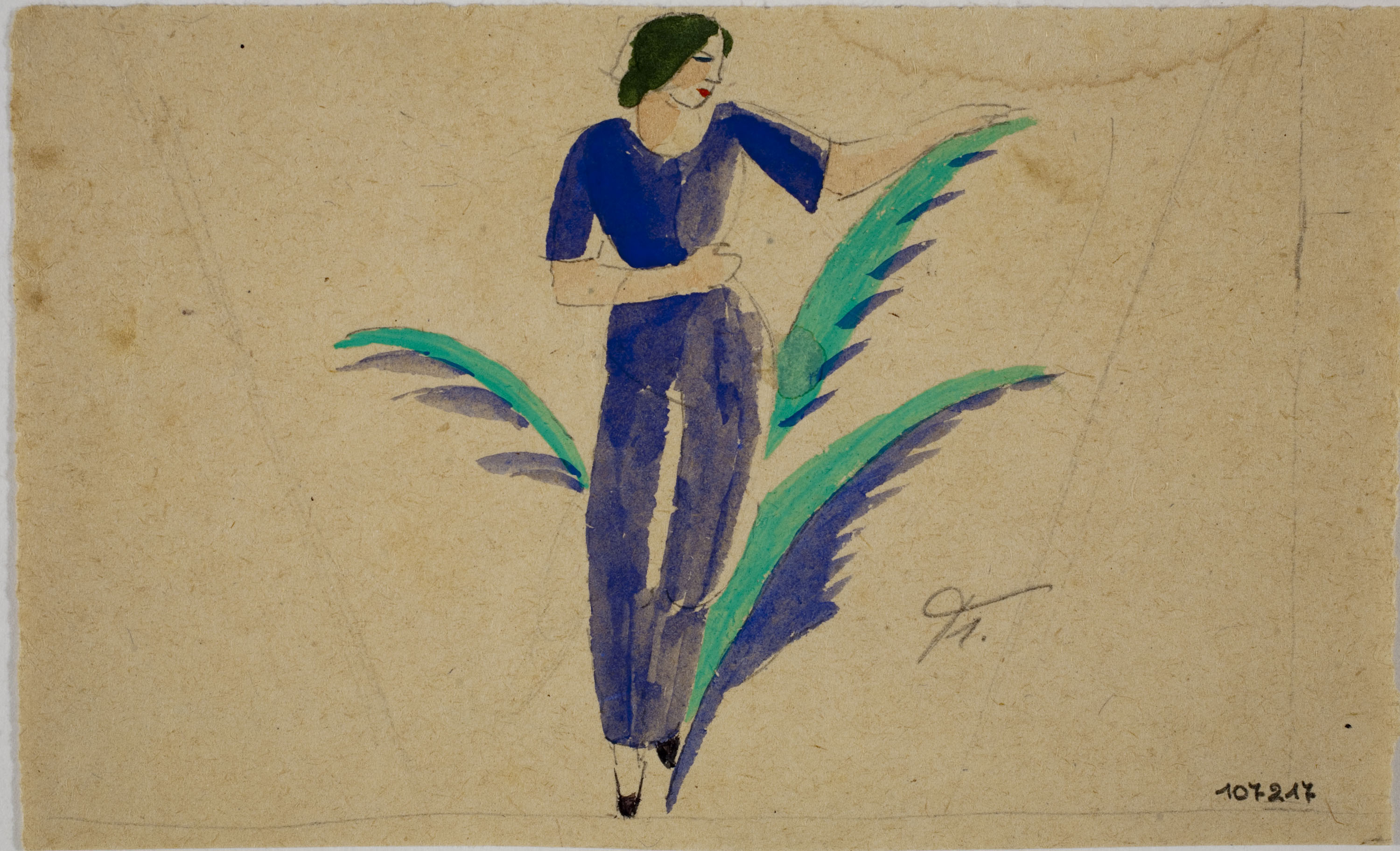 image for: Xavier Nogués - Dona dempeus i motius vegetals. Estudi preparatori per a la decoració de vidre esmaltat - Cap a 1924-1928