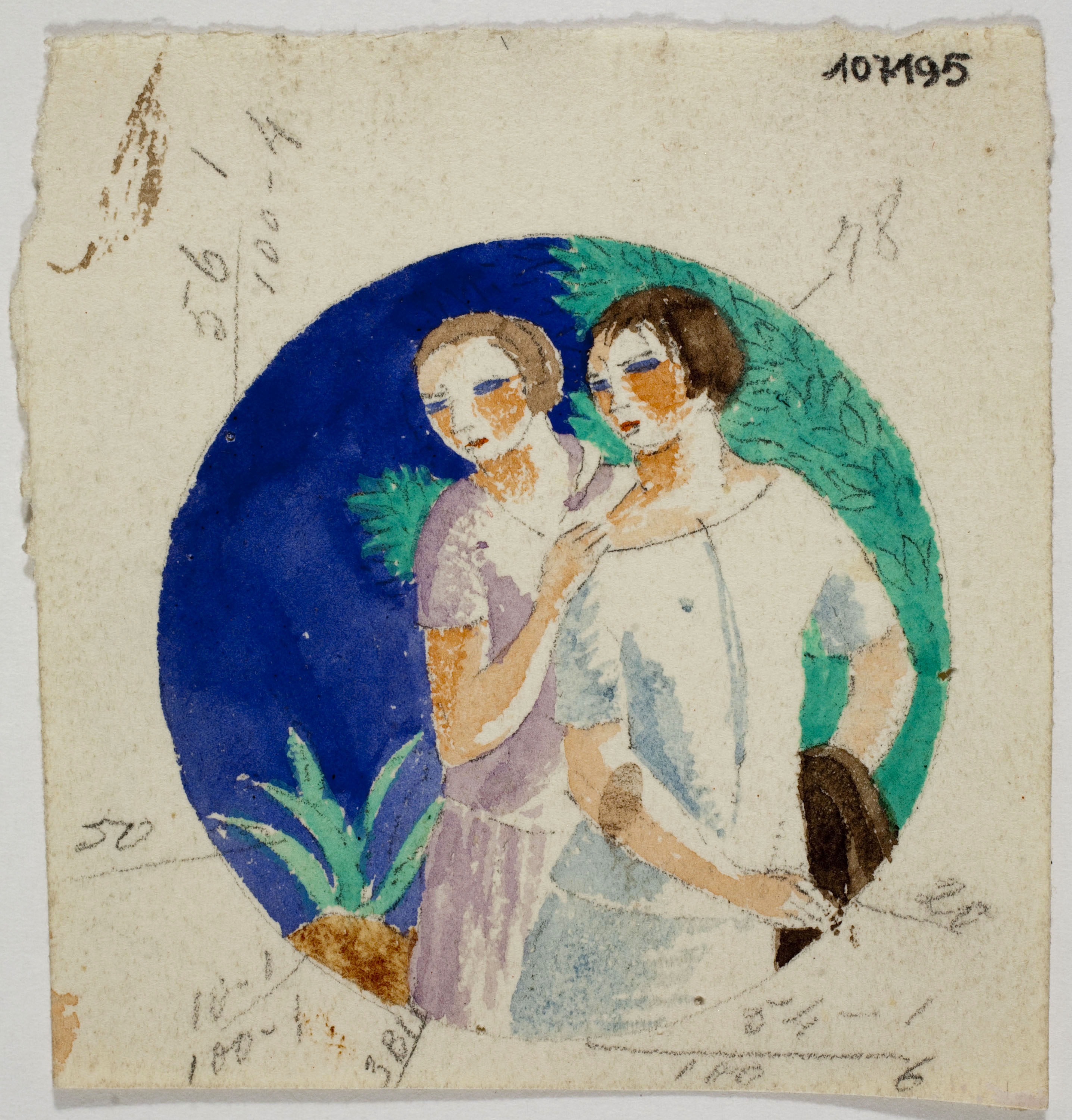 image for: Xavier Nogués - Dues dones de mig cos i decoració vegetal. Estudi preparatori per a la decoració d'un medalló de vidre esmaltat - Cap a 1924-1928