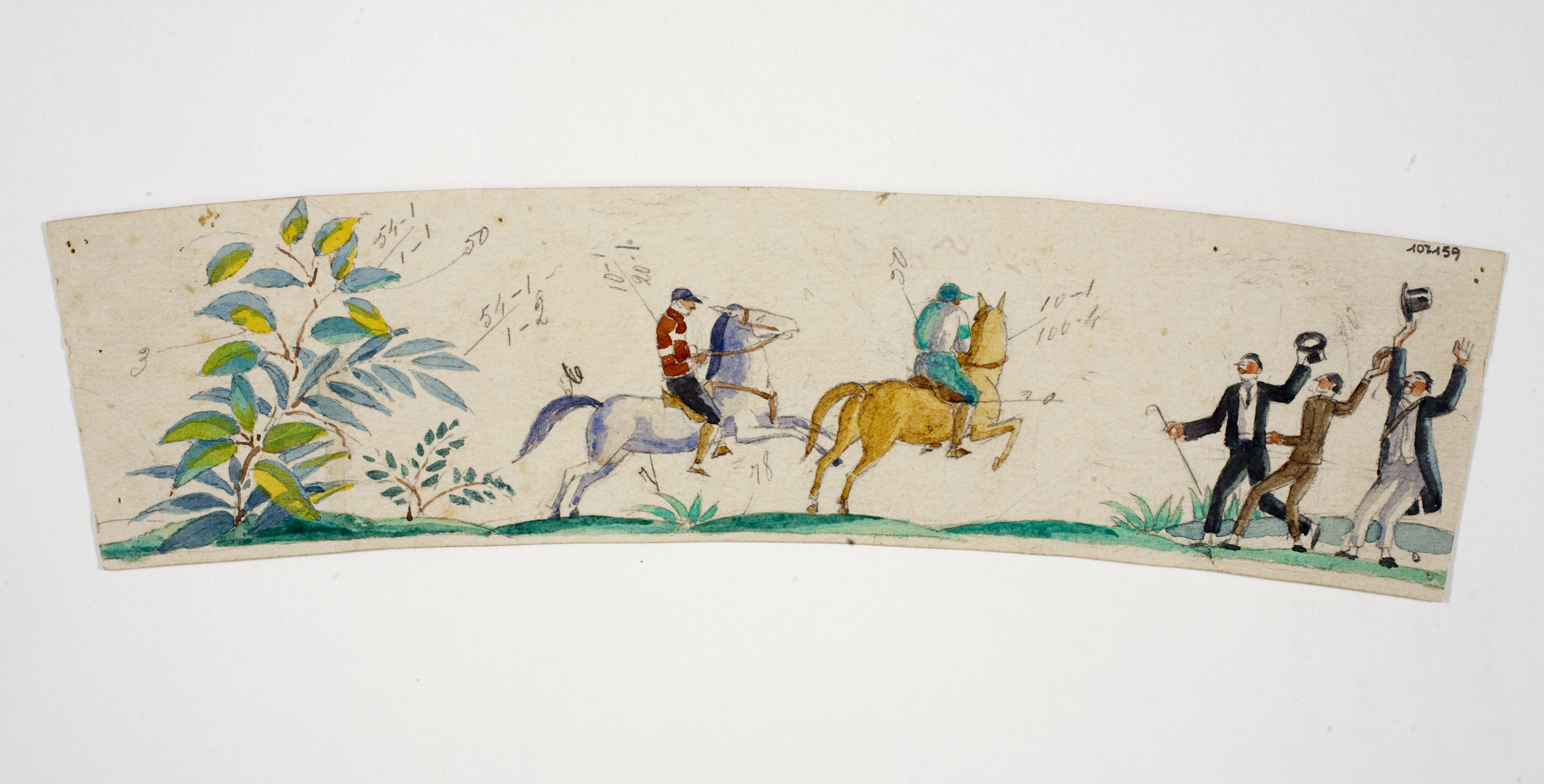 Xavier Nogués - Homes dempeus saludant genets al camp. Estudi preparatori per a la decoració de pots de vidre esmaltats - Cap a 1924-1928 image for: Xavier Nogués - Homes dempeus saludant genets al camp. Estudi preparatori per a la decoració de pots de vidre esmaltats - Cap a 1924-1928