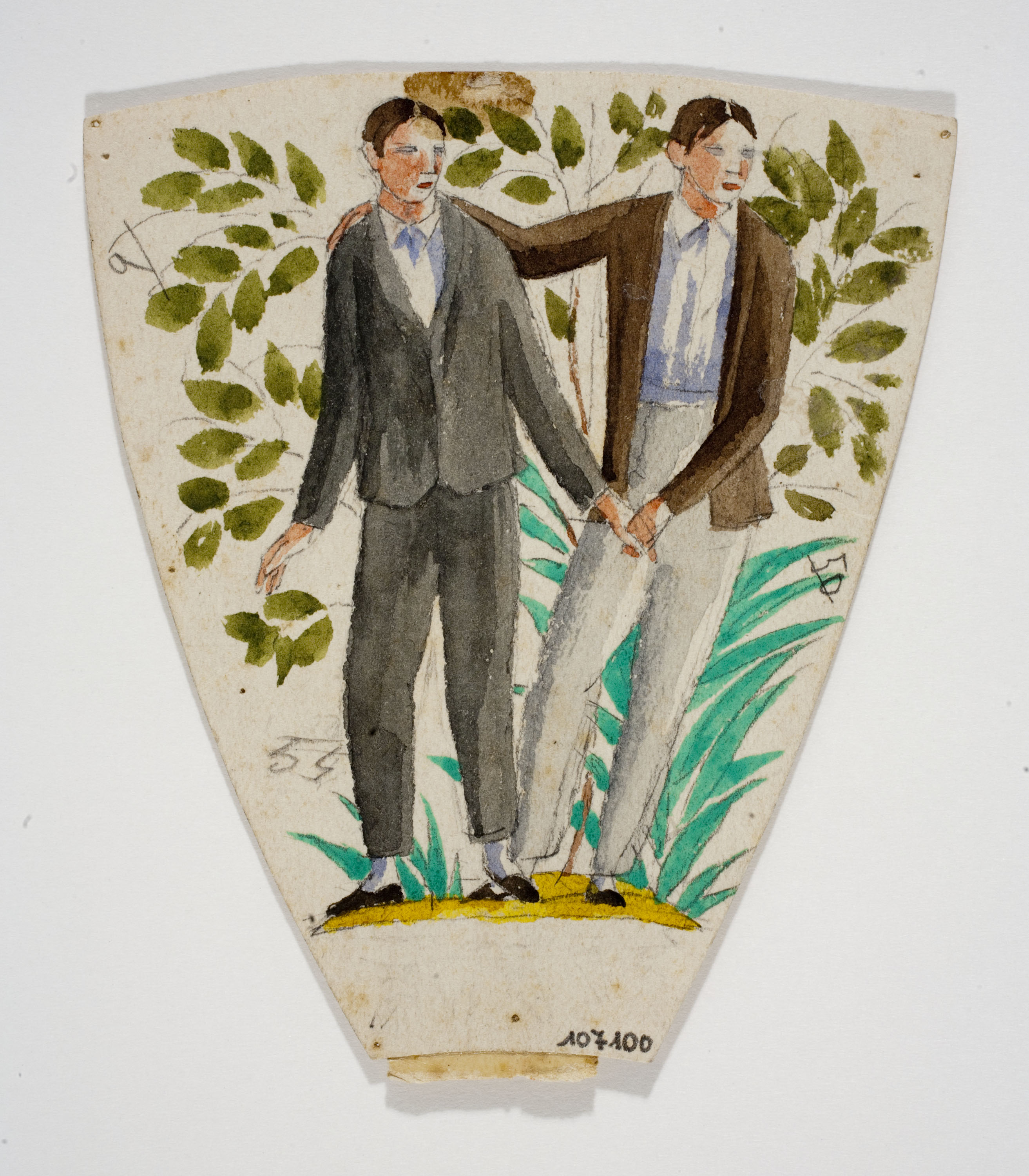 image for: Xavier Nogués - Dos homes dempeus i decoració vegetal. Estudi preparatori per a la decoració de vidre esmaltat - Cap a 1924-1928