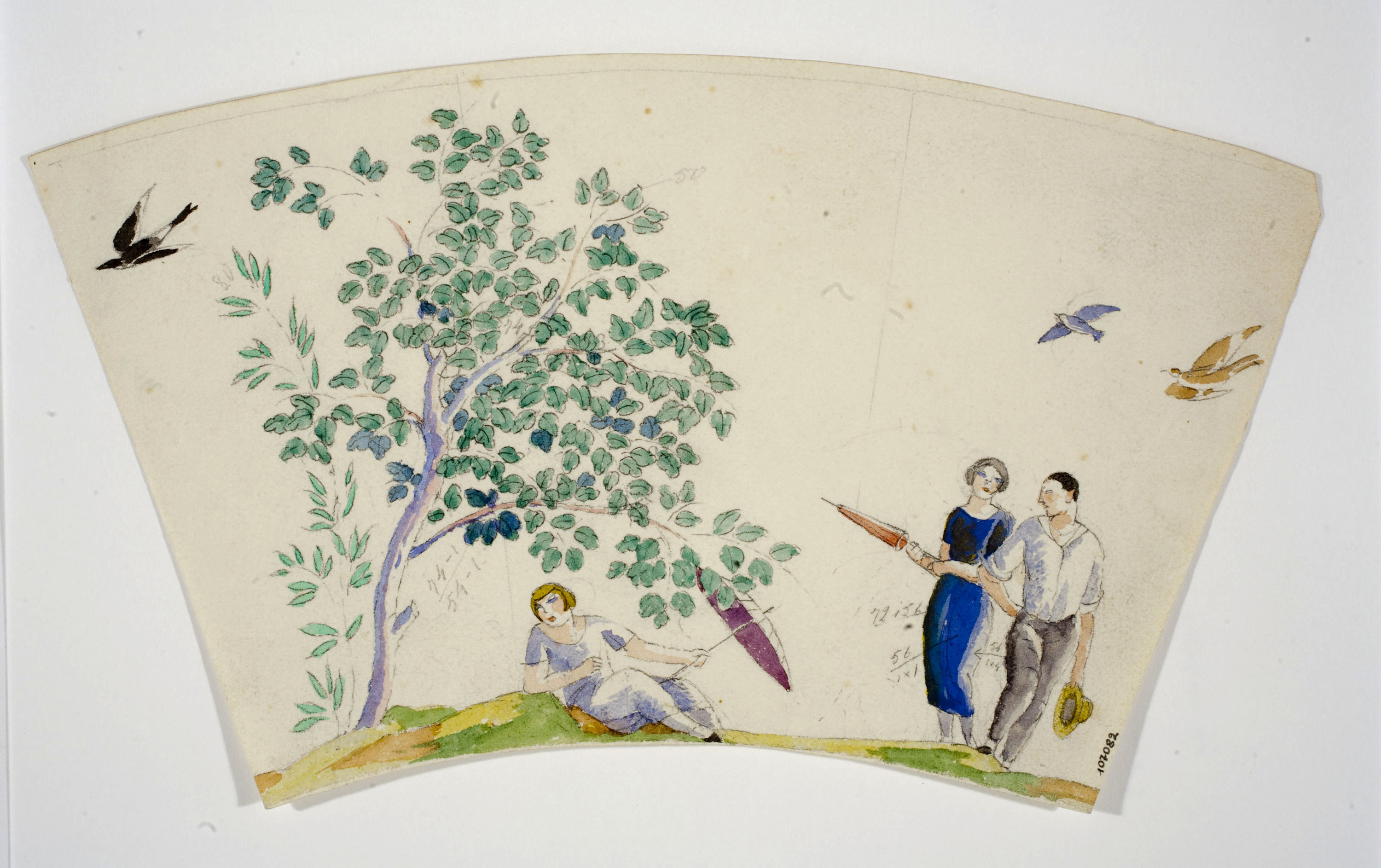 image for: Xavier Nogués - Parella i altra dona al camp, amb paraigües. Estudi preparatori per a la decoració de vidre esmaltat - Cap a 1924-1928
