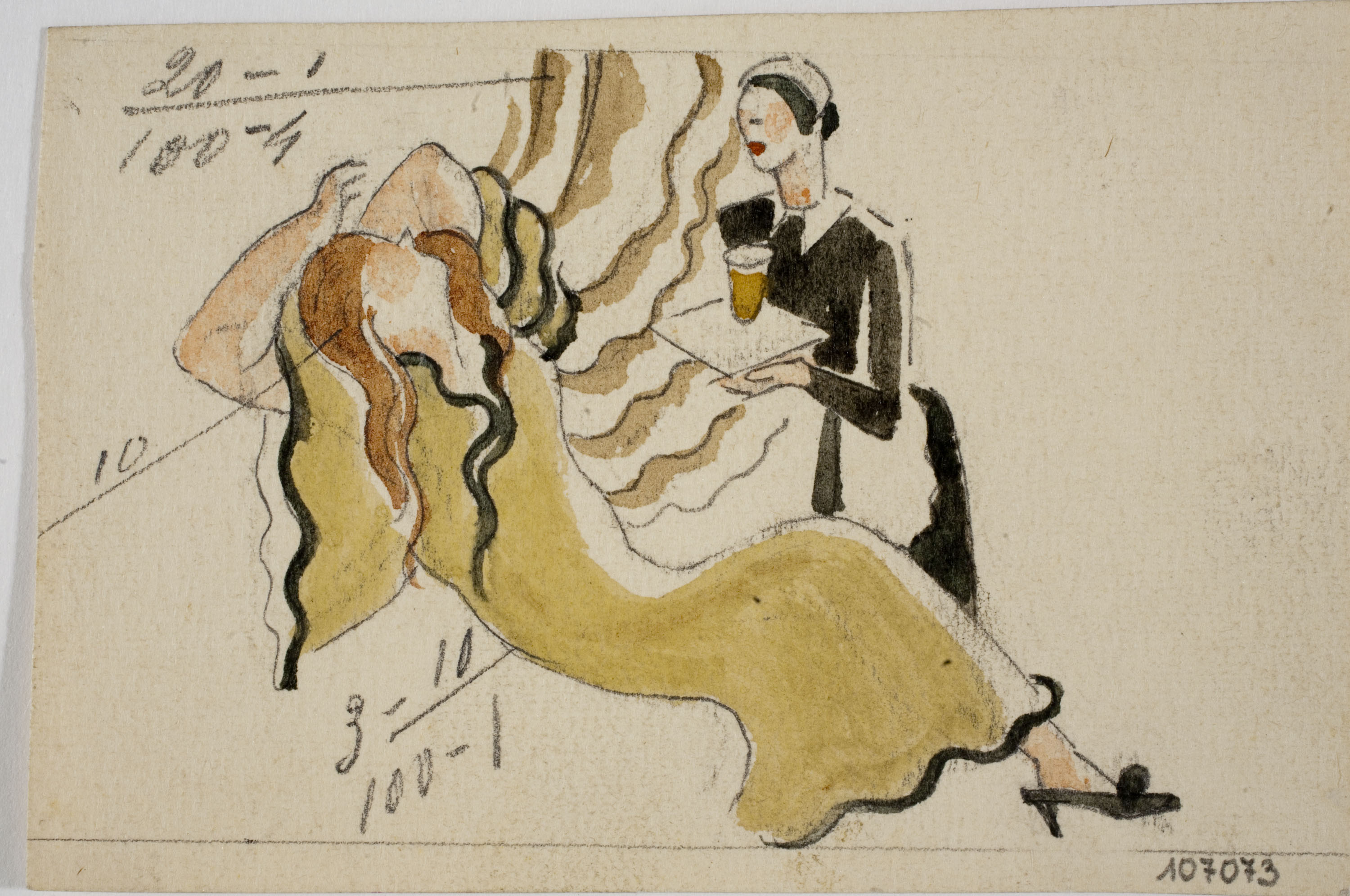 image for: Xavier Nogués - Mestressa i minyona. Estudi preparatori per a la decoració de vidre esmaltat - Cap a 1924-1928
