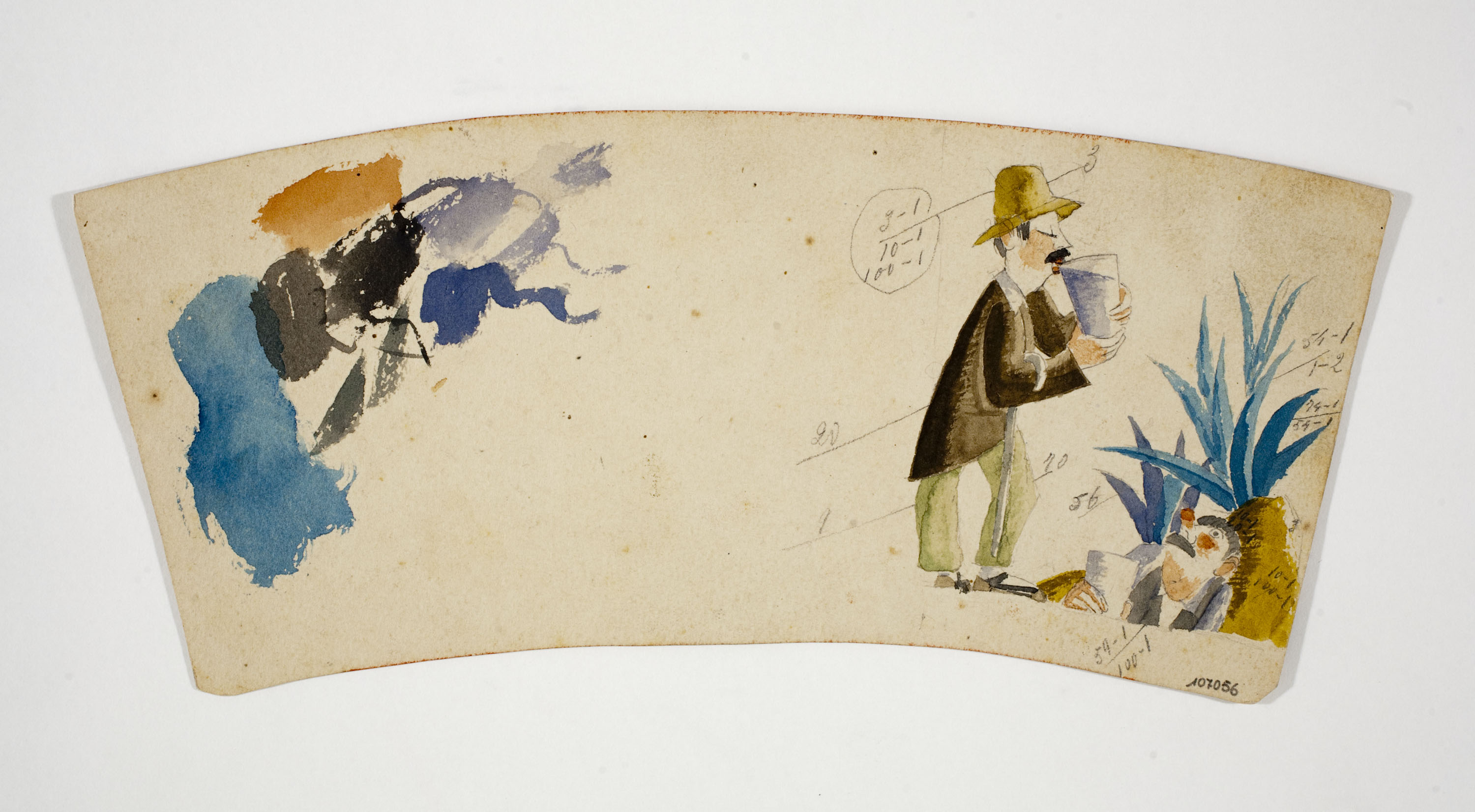 image for: Xavier Nogués - Homes bevent i motius florals (anvers) / Esbós de dona a la platja (revers). Estudi preparatori per a la decoració de vidre esmaltat - Cap a 1924-1928