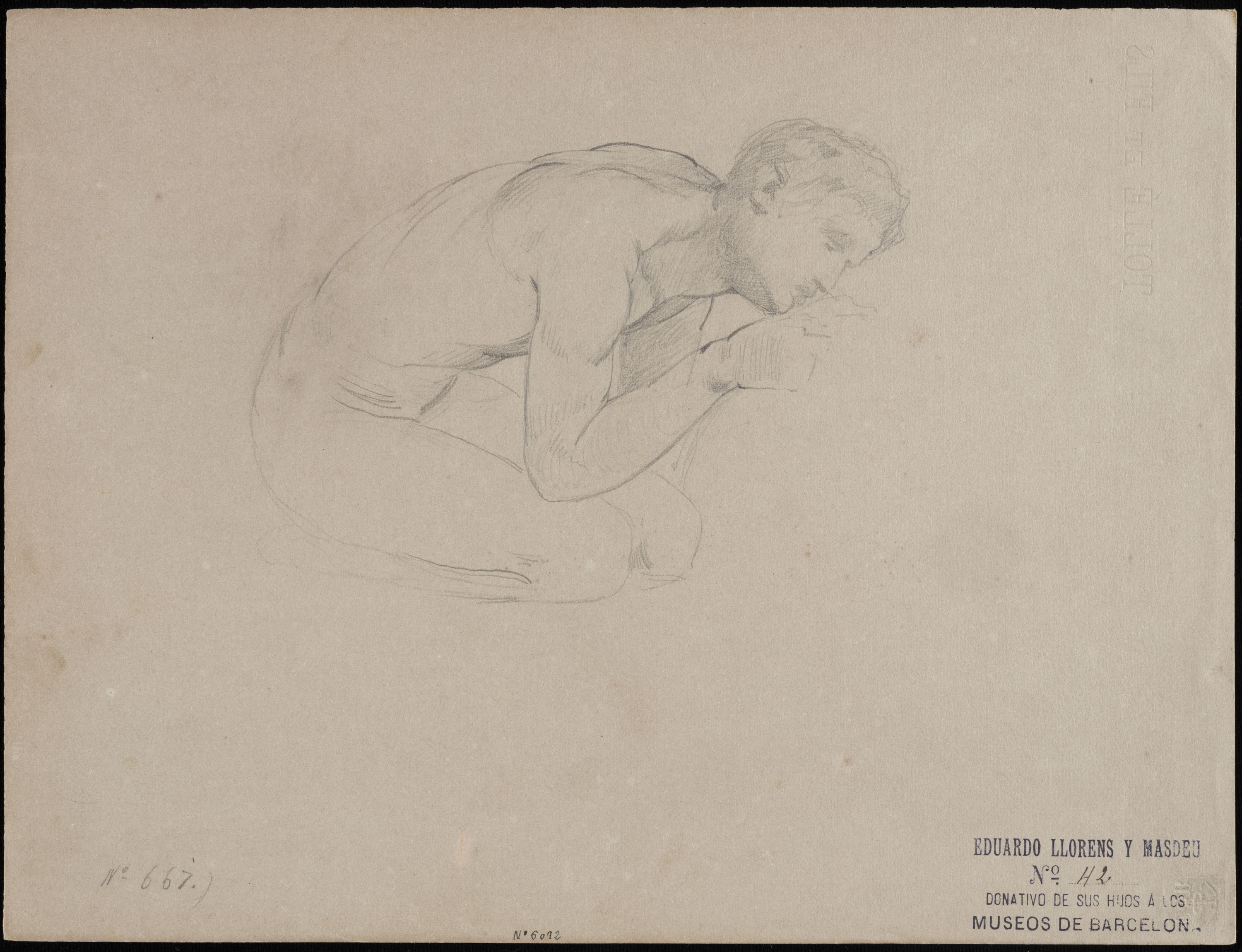 Eduard Llorens - Estudi de nu masculí assegut sobre les cames - Cap a 1854-1864 image for: Eduard Llorens - Estudi de nu masculí assegut sobre les cames - Cap a 1854-1864