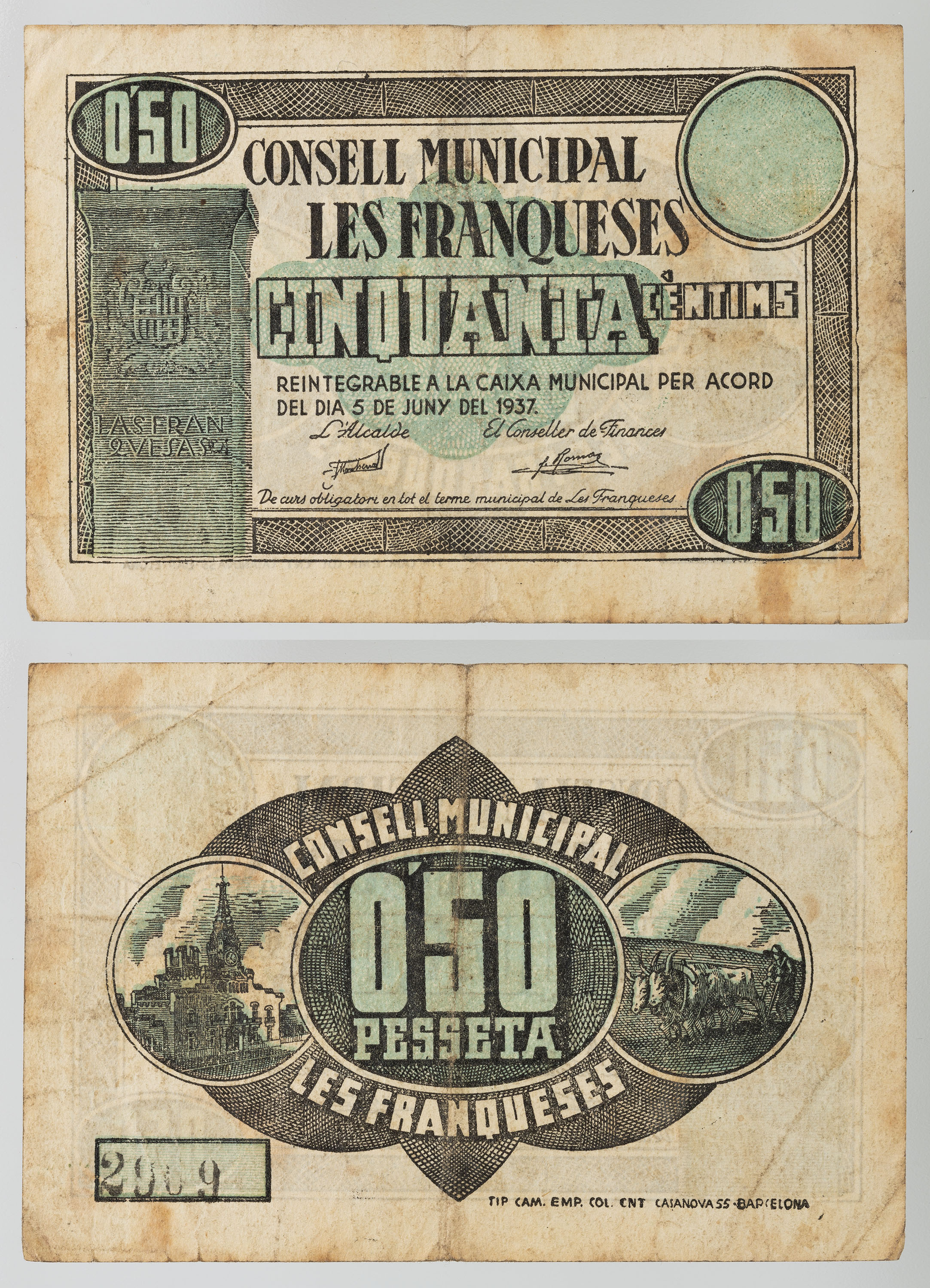 Consell Municipal les Franqueses. Les Franqueses del Vallès - 50 cèntims - 1937 image for: Consell Municipal les Franqueses. Les Franqueses del Vallès - 50 cèntims - 1937