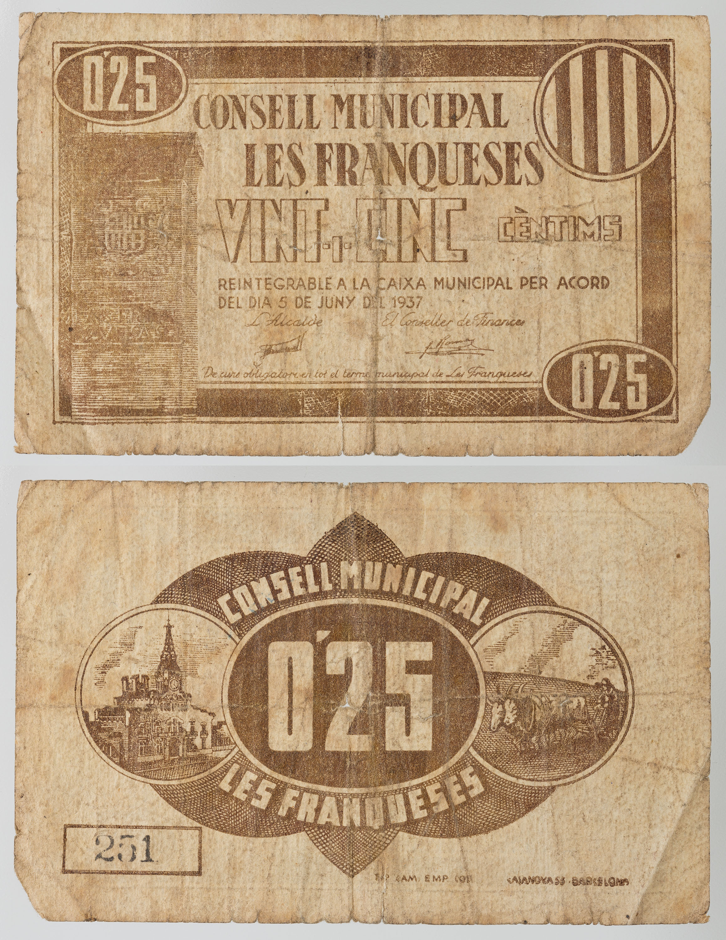 Consell Municipal les Franqueses. Les Franqueses del Vallès - 25 cèntims - 1937 image for: Consell Municipal les Franqueses. Les Franqueses del Vallès - 25 cèntims - 1937