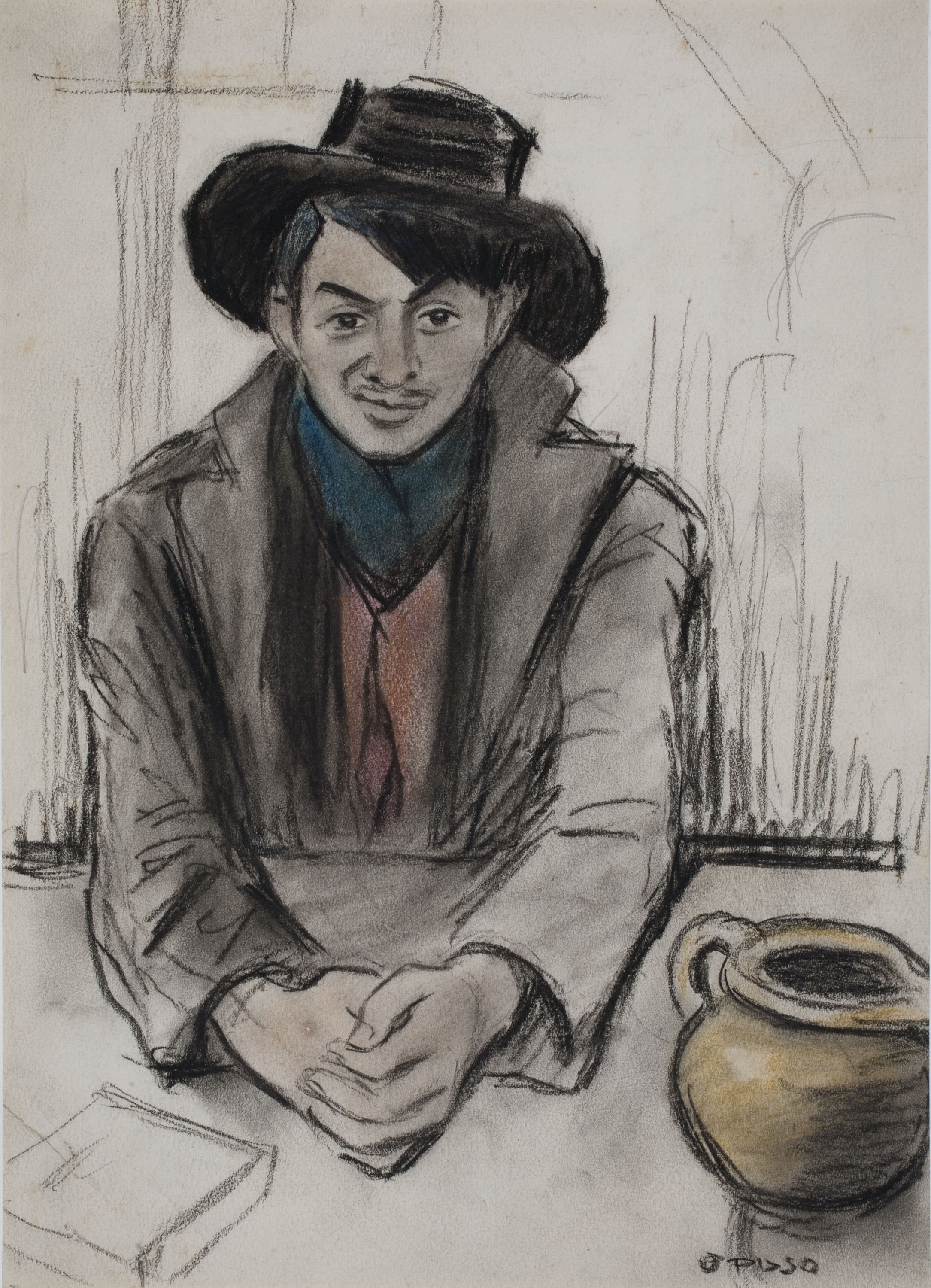 image for: Ricard Opisso - Retrat de Pablo Picasso (anvers) / Croquis de figura masculina asseguda (revers) - Cap a 1900