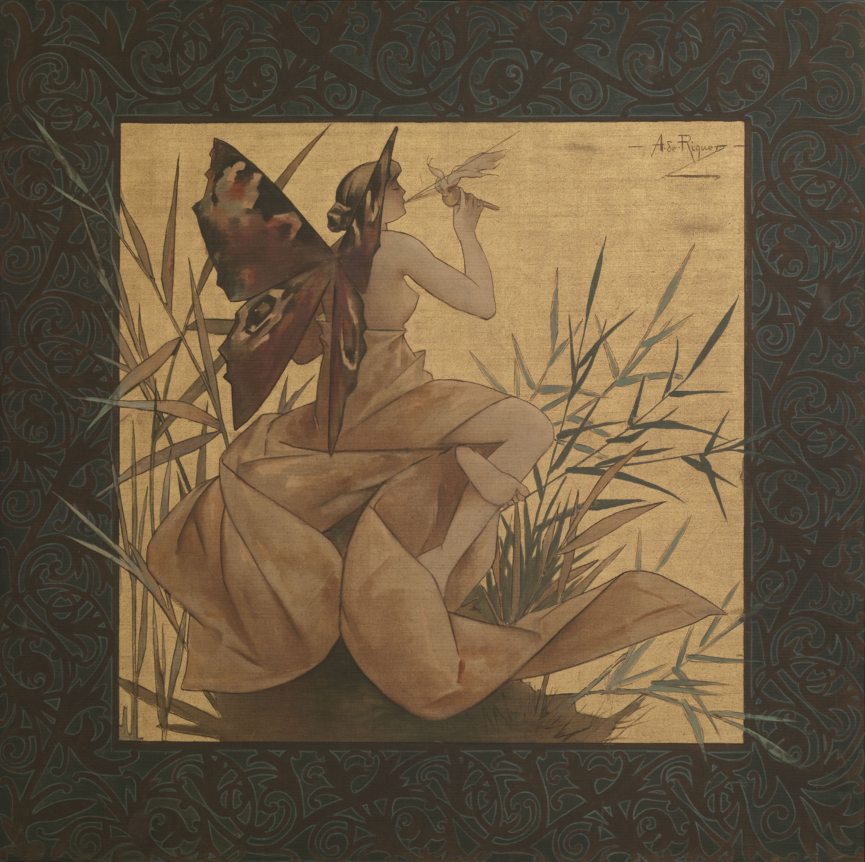 image for: Alexandre de Riquer - Composició amb nimfa alada bufant entre canyes - 1887