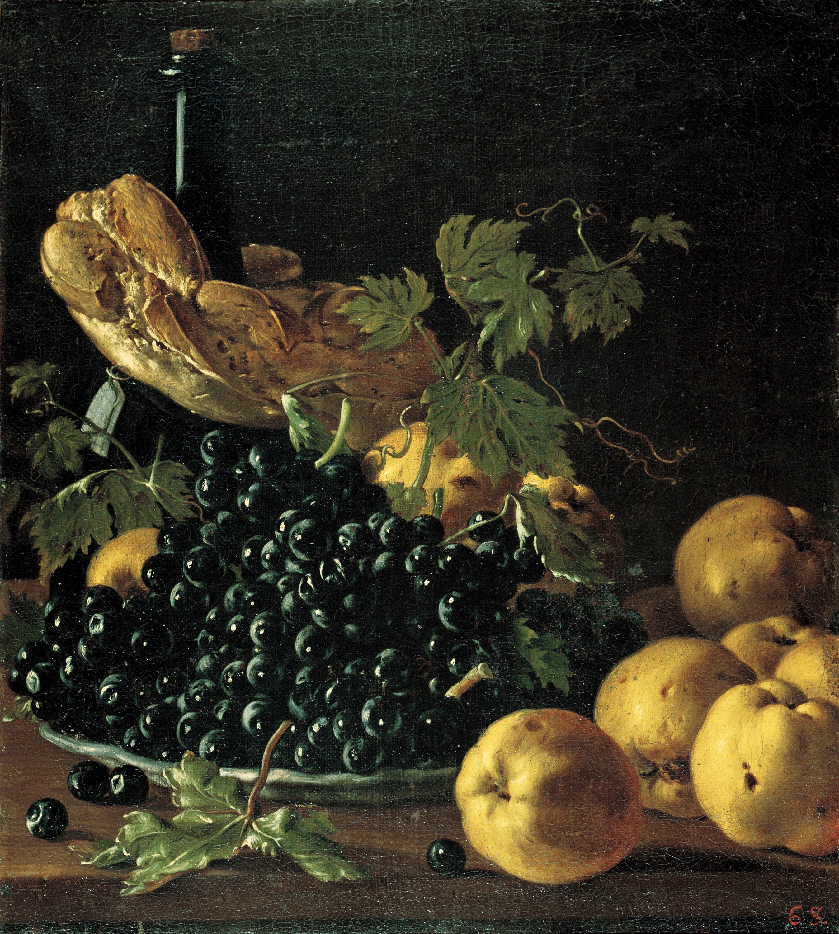 image for: Luis Egidio Meléndez - Natura morta amb pa, pomes, raïm i una ampolla - Cap a 1771