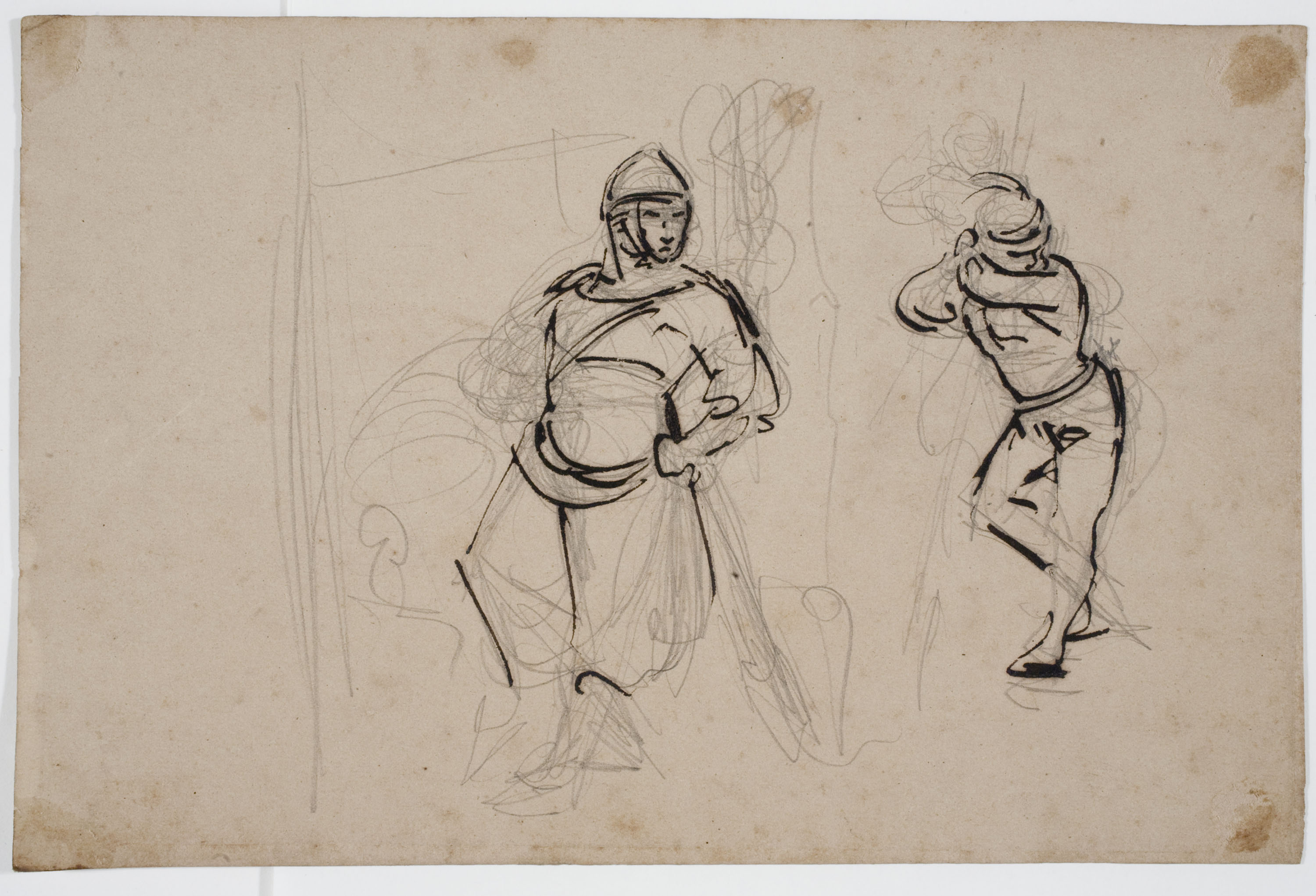 image for: Marià Fortuny - Estudi acadèmic de pidolaire (anvers) / Esbós de figures medievals (revers) - Cap a 1856-1858 [1]