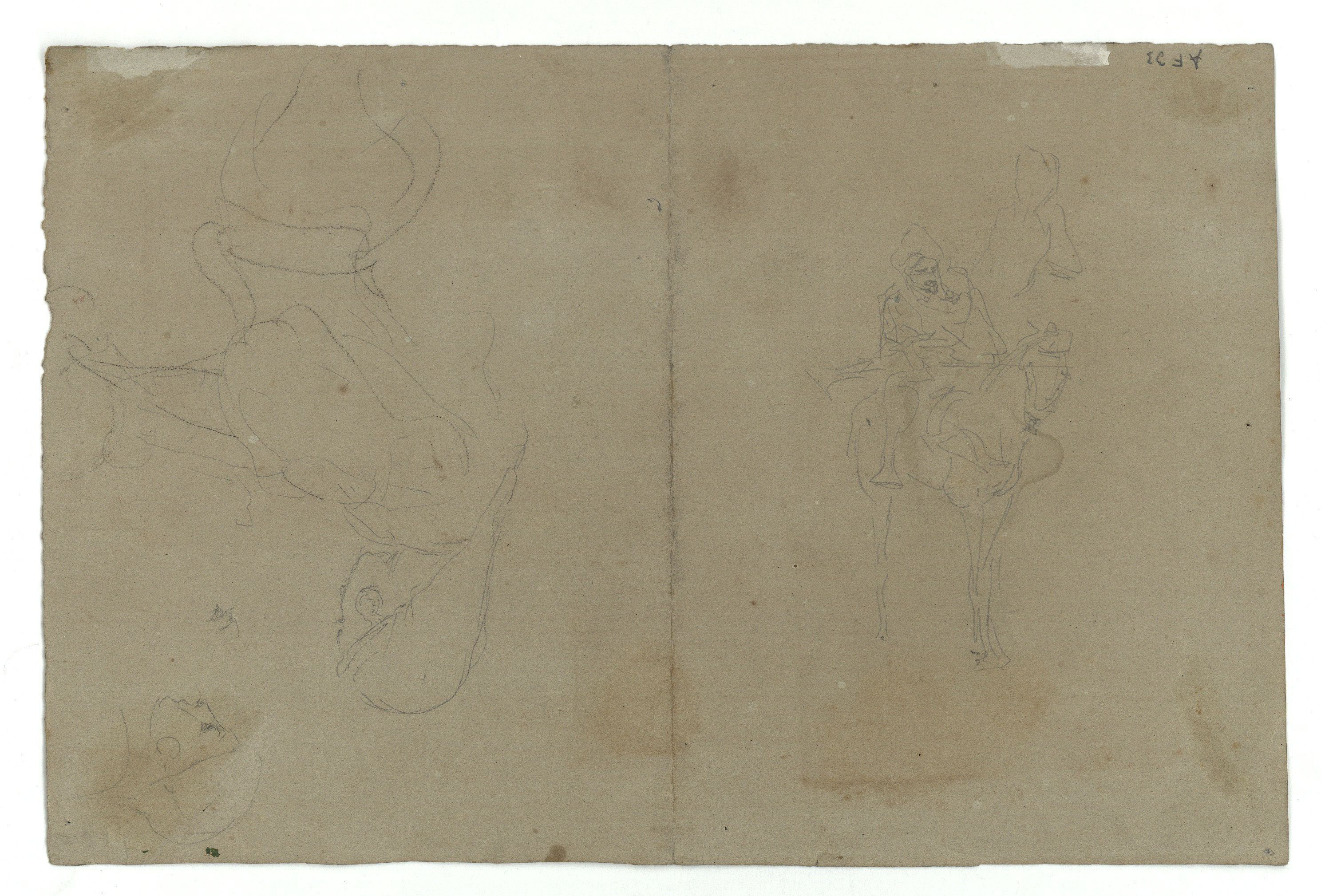 image for: Marià Fortuny - Paisatge (anvers) / Esbós de caps femenins i genet marroquí a cavall (revers) - Cap a 1860-1862 [1]