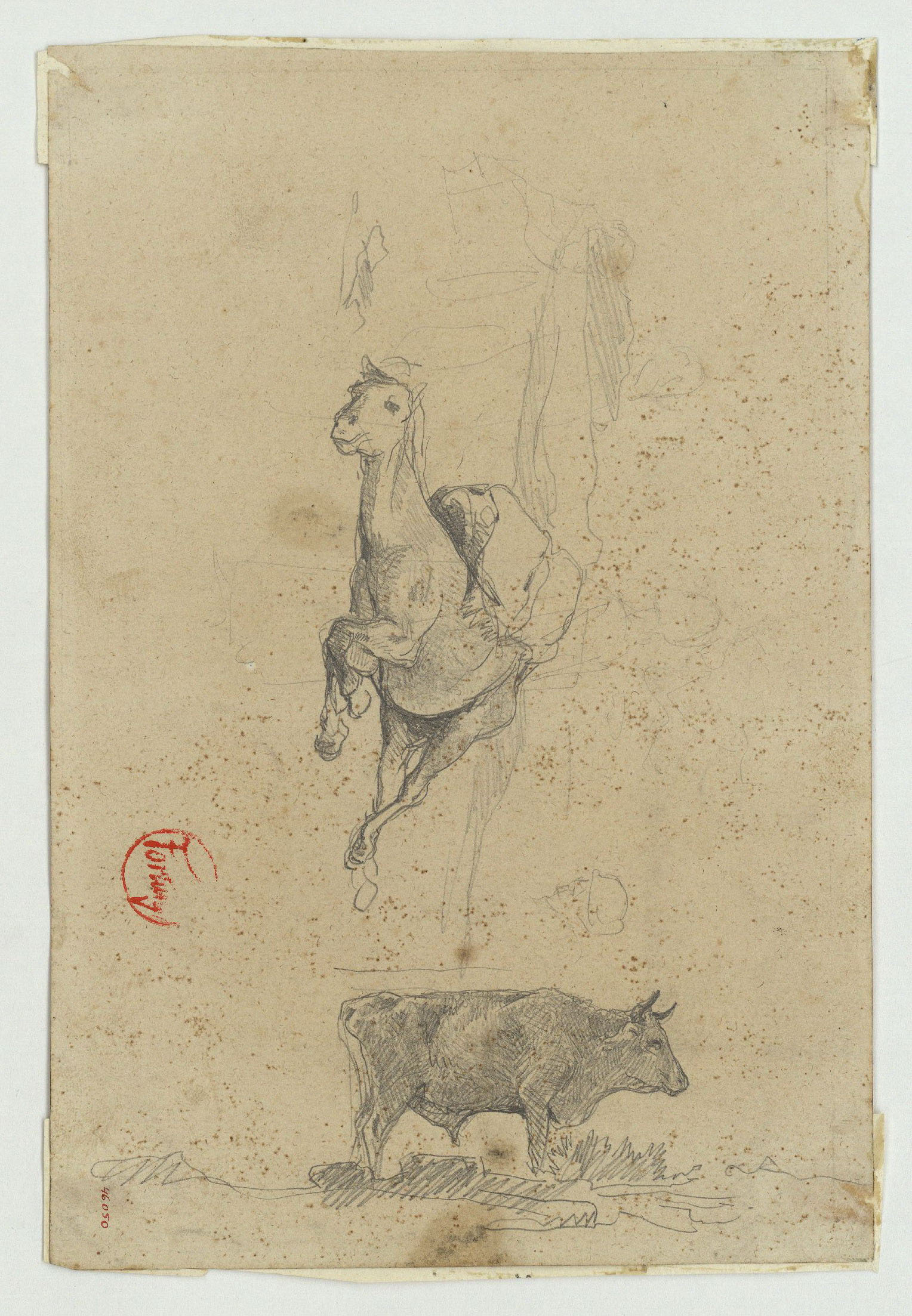 image for: Marià Fortuny - Cavall ajagut i toro (anvers) / Cap masculí (revers) - Cap a 1860-1862